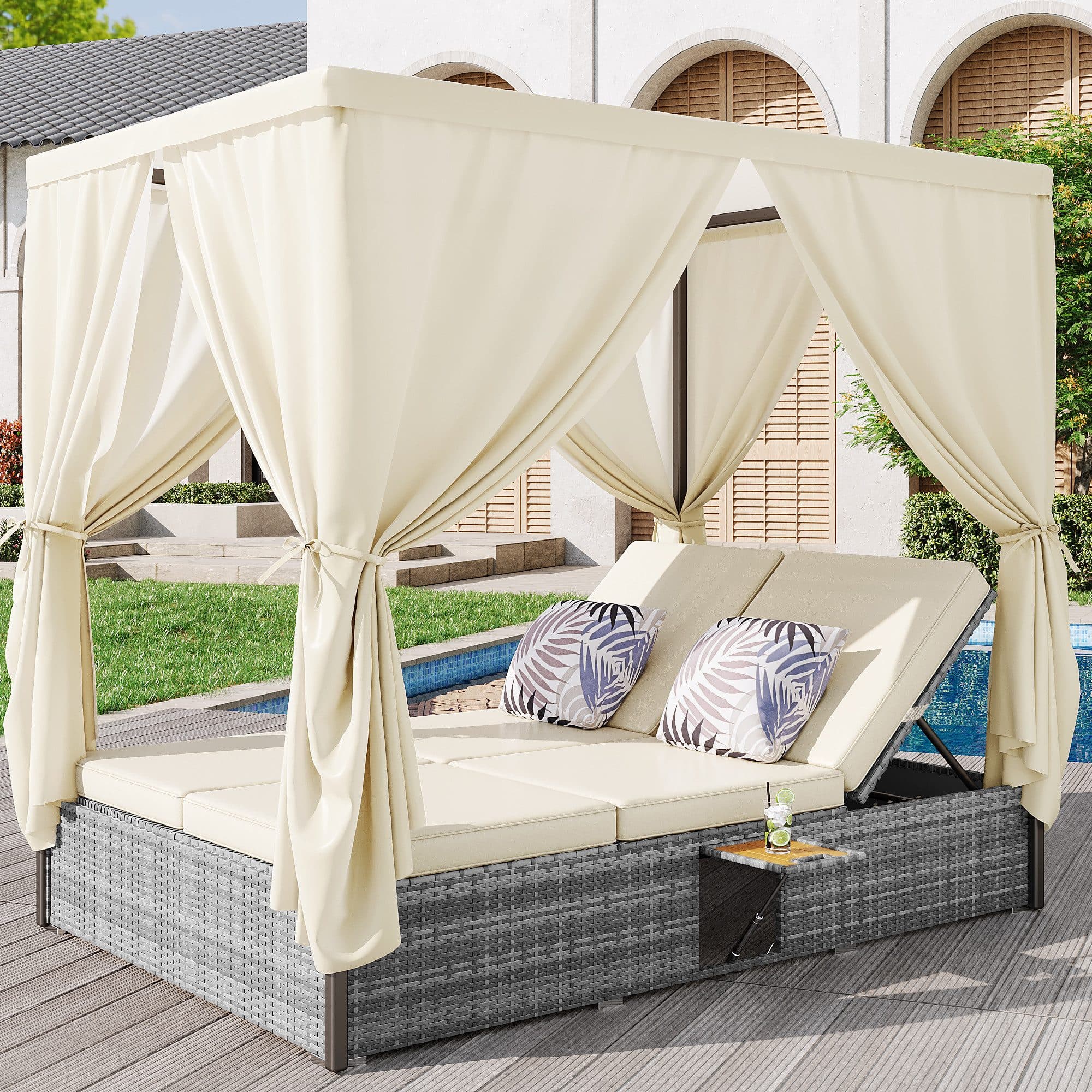 BBWL Rattan-Doppelliege mit Sonnendach & Klapptisch, Cremeweiß - Bild 2