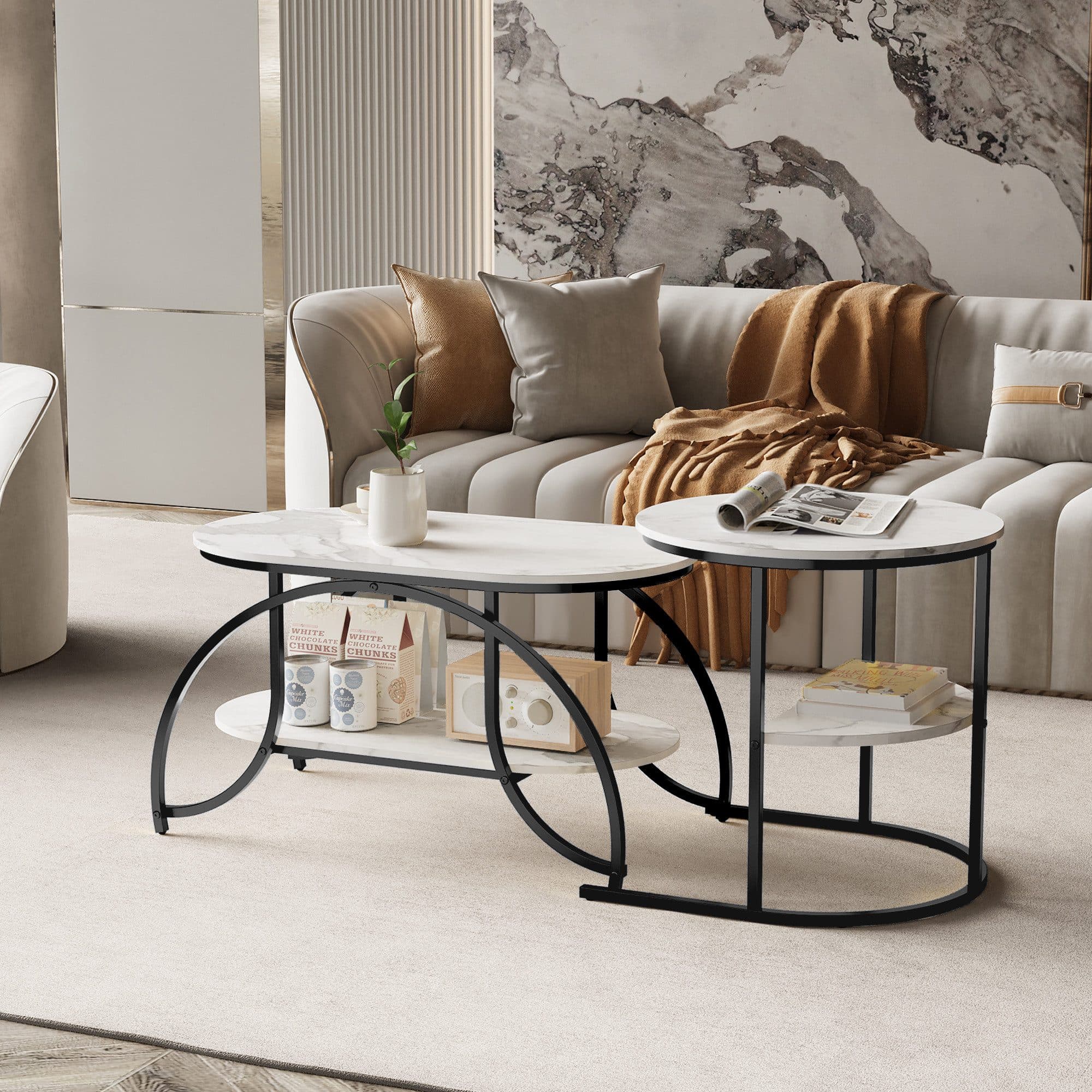 PXloue Couchtisch 2er Set rund Marmoroptik Gold - Bild 2