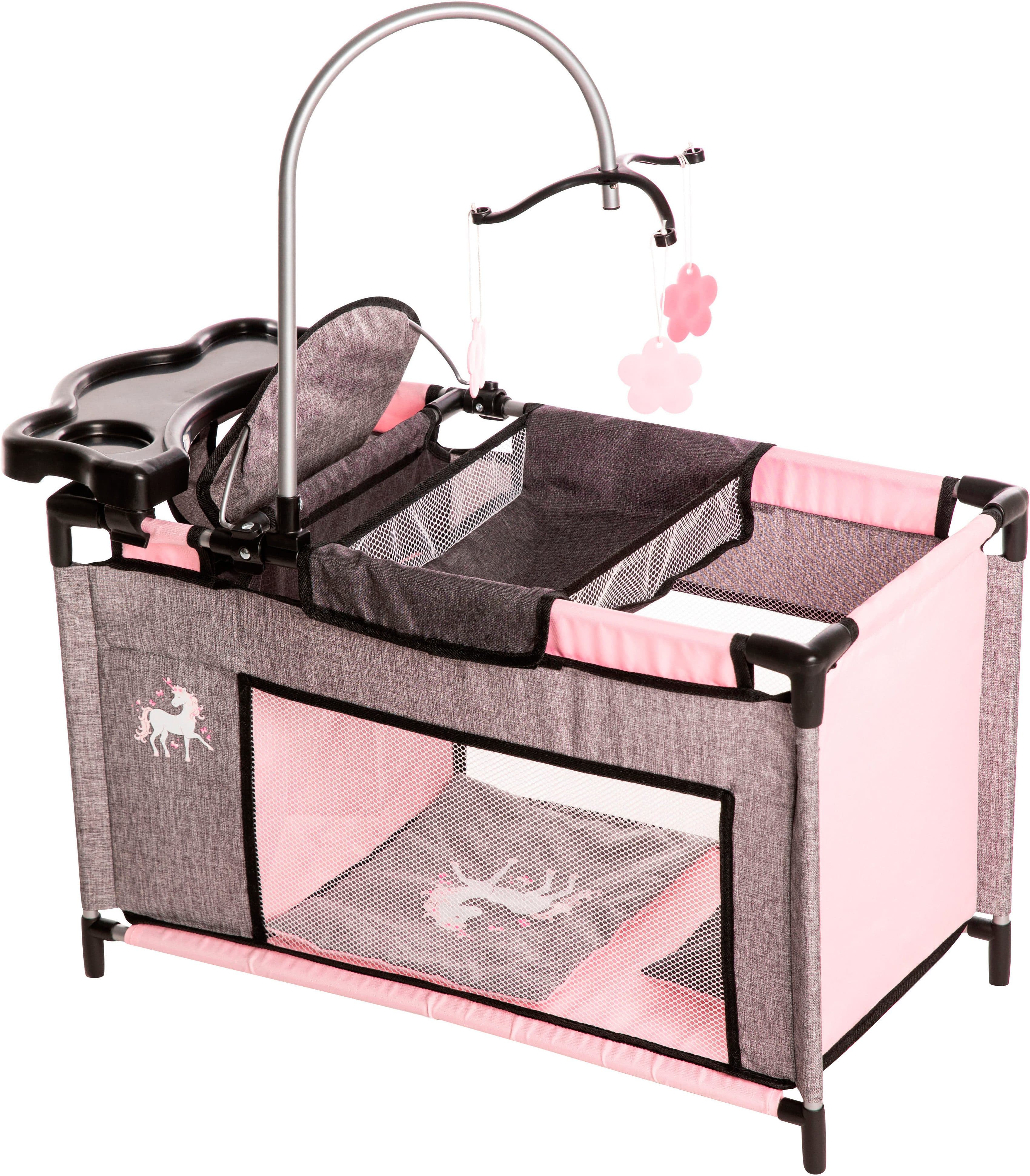 Bayer Puppenbett Multibett Hochstuhl Wickelablage Mobile Einhorn grau/rosa - Bild 2