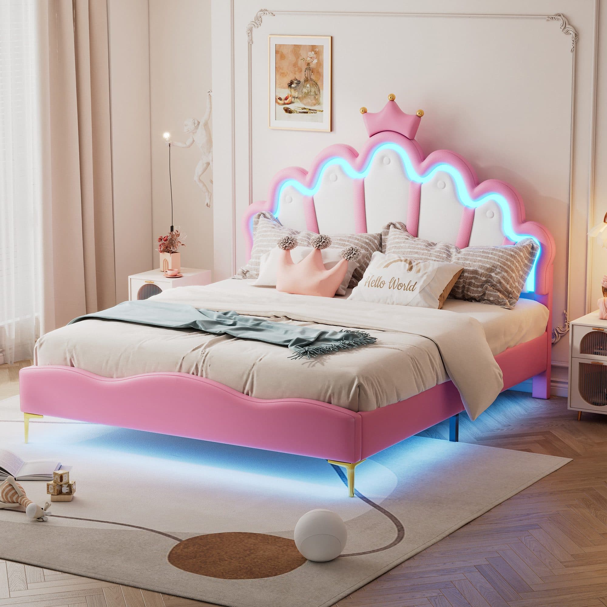 Flieks Polsterbett Rosa LED Kronen-Design Prinzessinnenbett - Bild 2