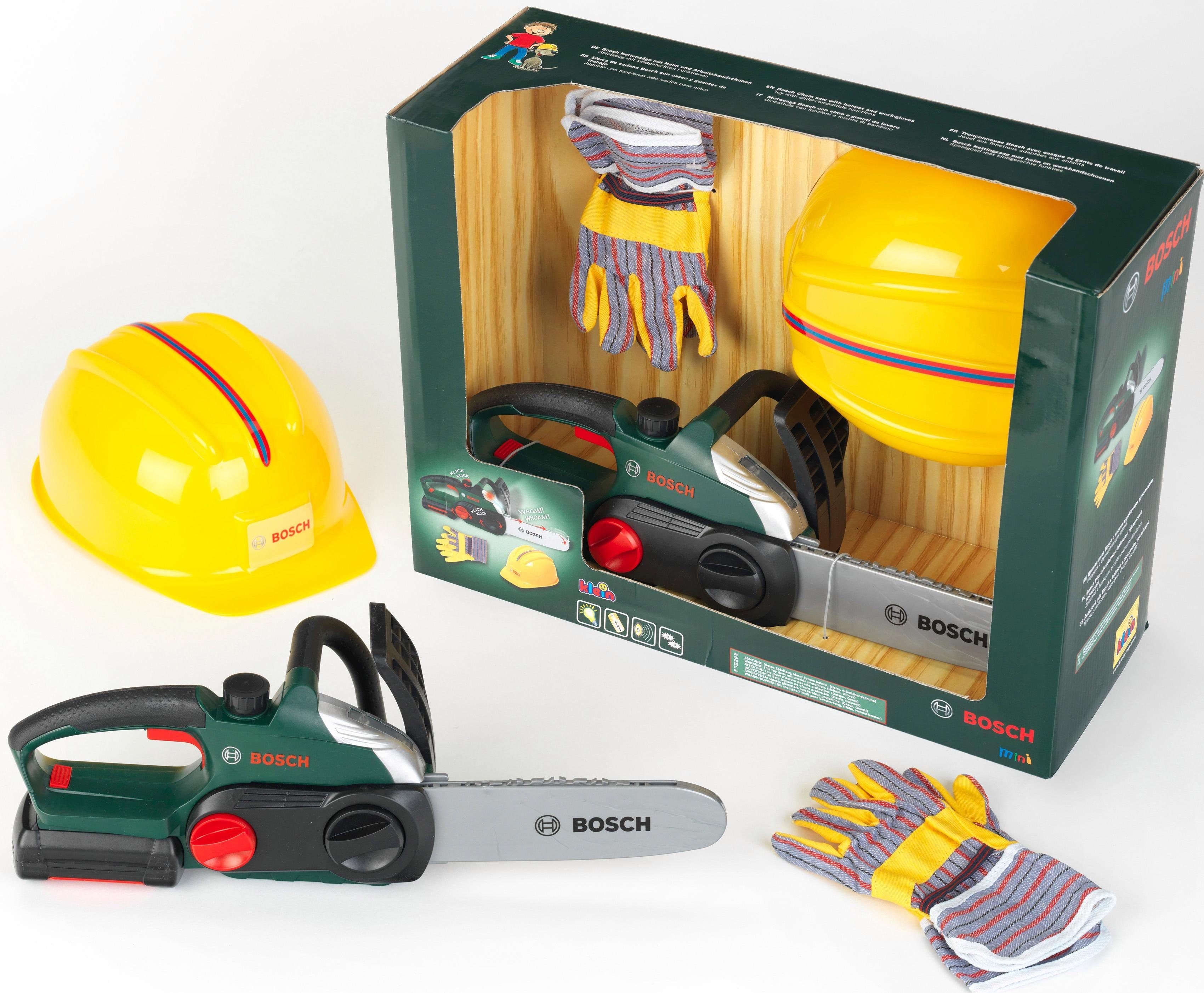 Klein Spielwerkzeug Bosch Kettensäge mit Helm und Handschuhe Set Grün - Bild 2