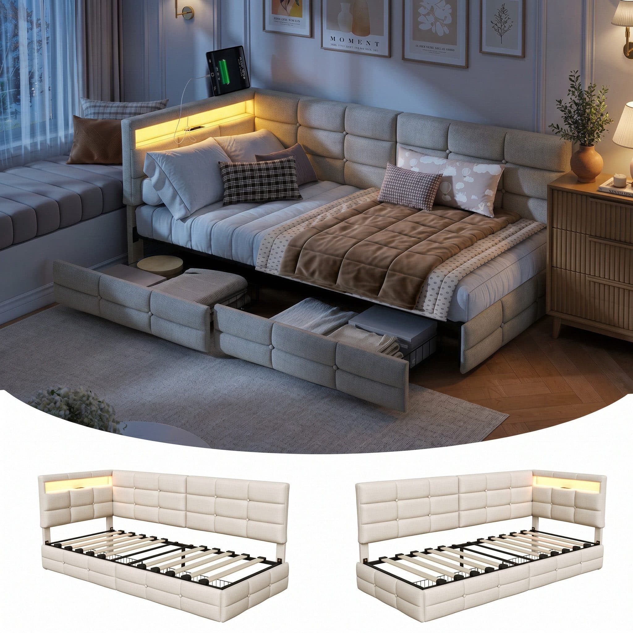 PXloue Polsterbett mit LED und USB-Anschluss Beige - Bild 2