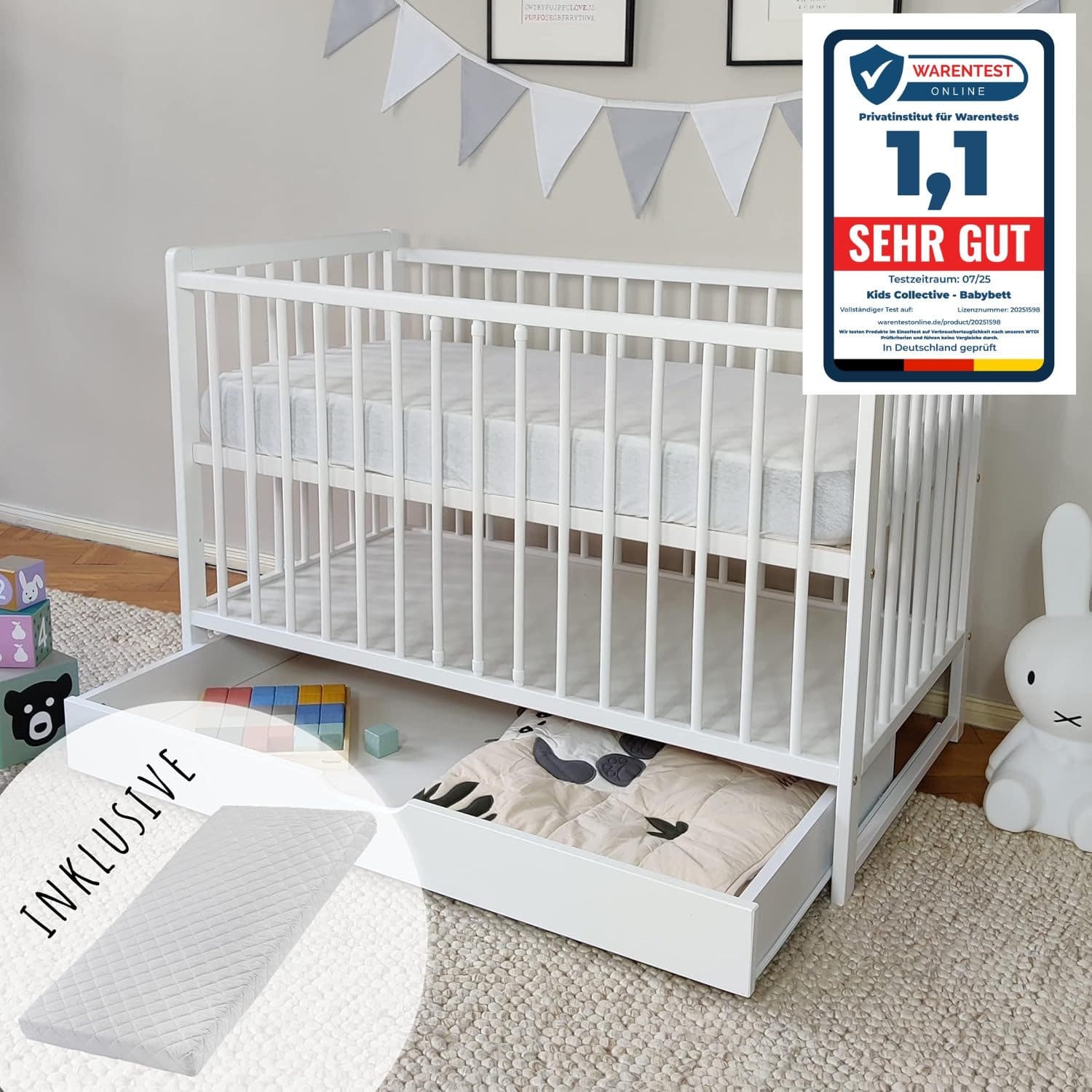 Kids Collective Babybett mit Schublade und Matratze Weiß Kiefernholz - Bild 2