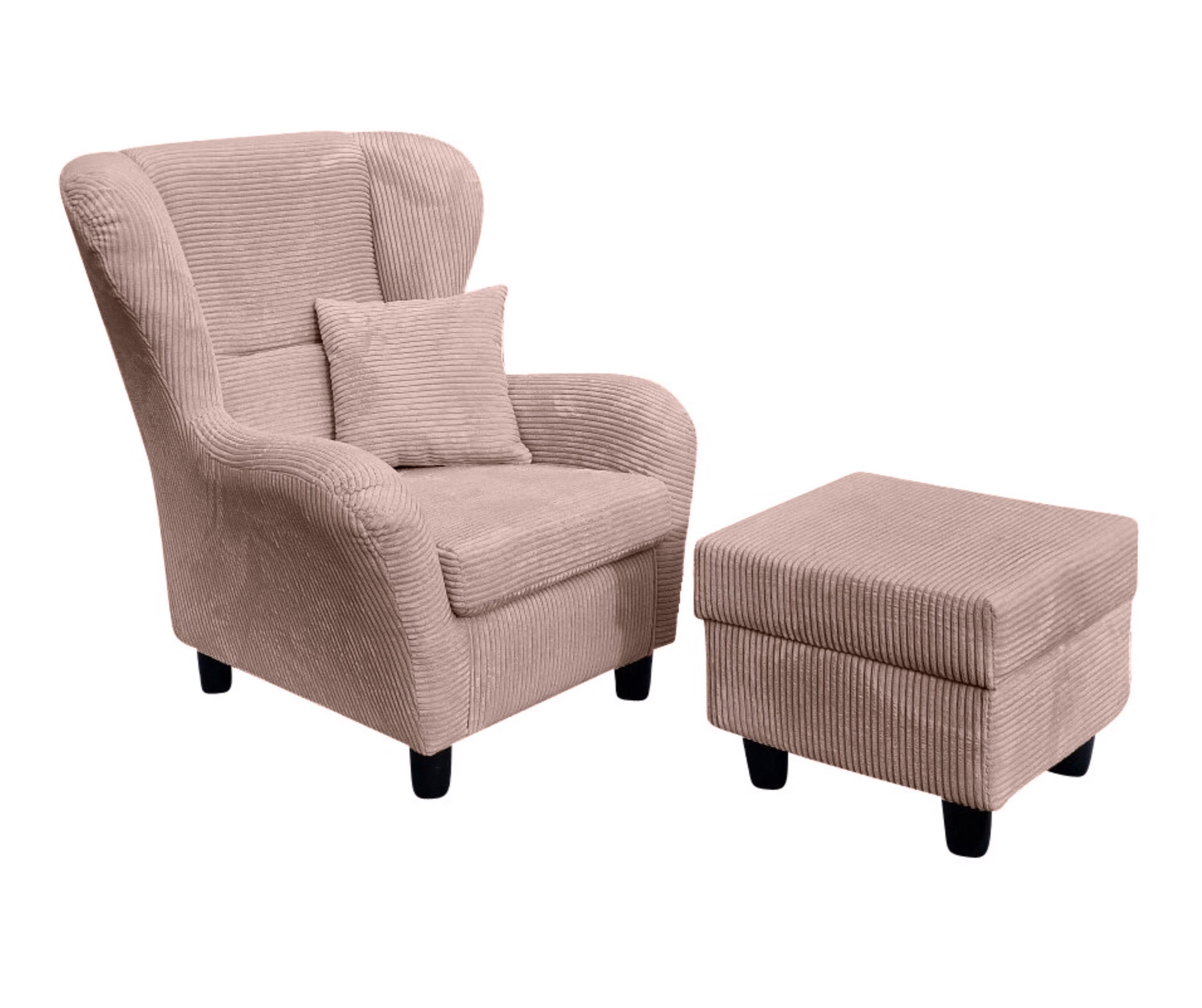 luma-home Ohrensessel mit Hocker und Kissen Cordstoff Rosa - Bild 2