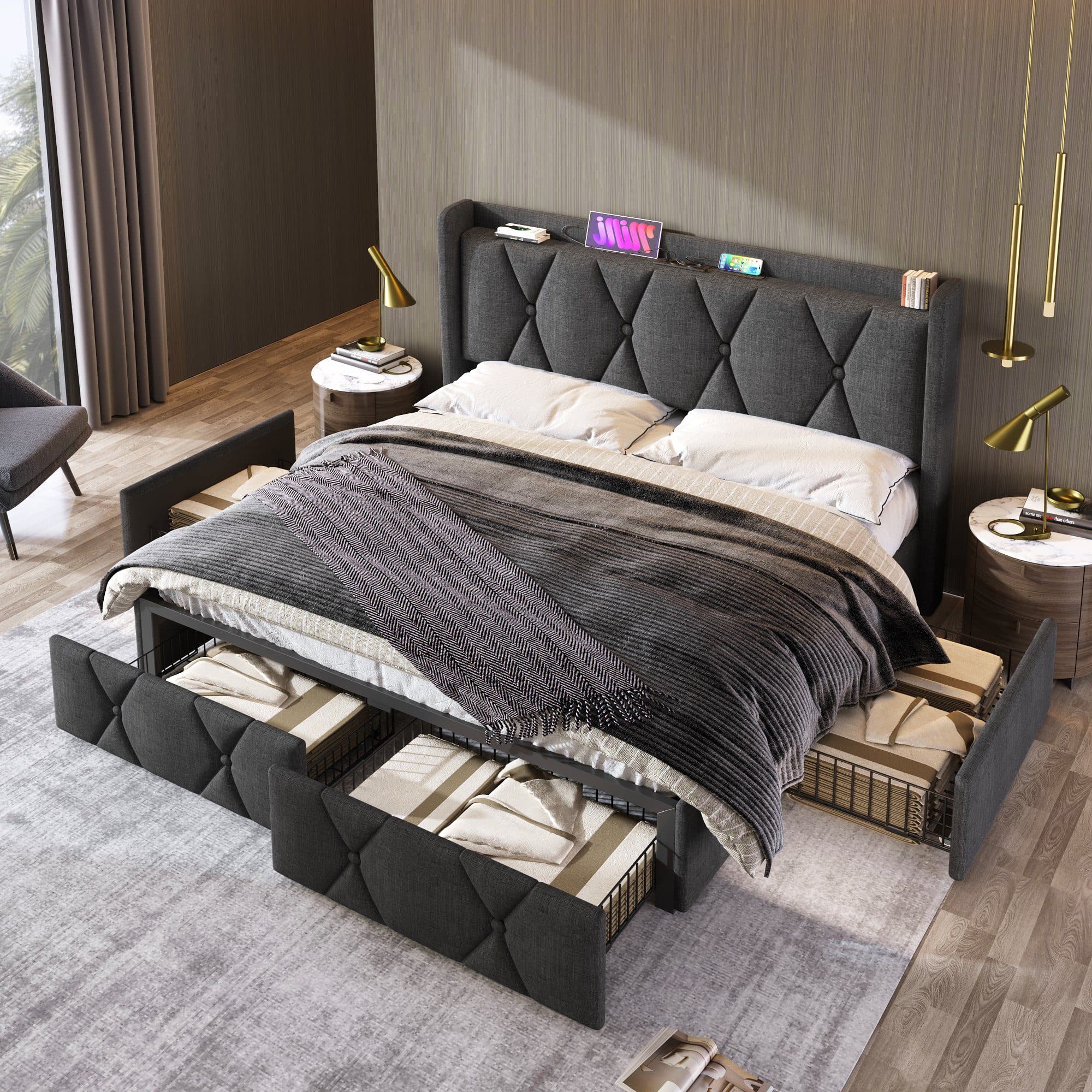 Flieks Polsterbett Doppelbett mit Steckdose USB 4 Schubladen Grau - Bild 2