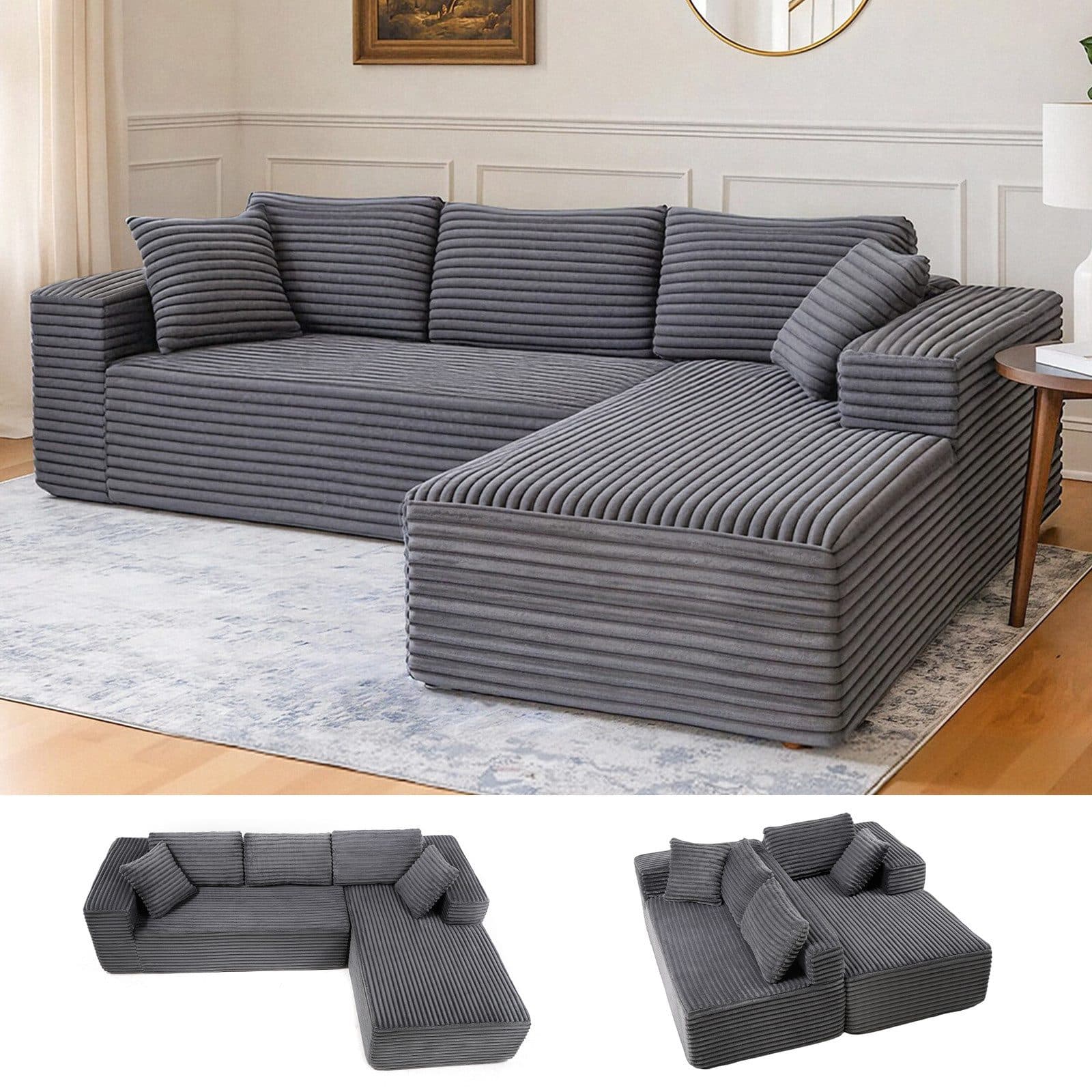 COMHOMA L-förmiges Sofa mit Schlafsofa-Funktion Grau Cordstoff - Bild 2