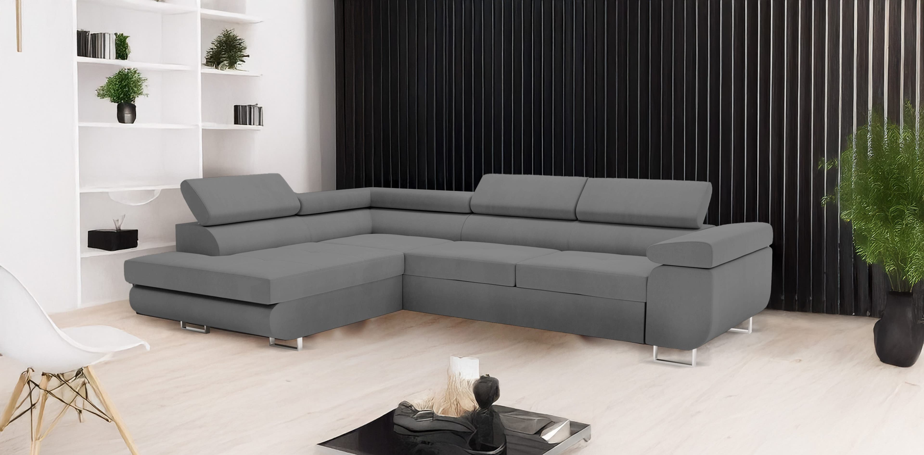 Goldstoff Ecksofa mit Schlaffunktion & Bettkasten - Hochwertiges Sofa, Couch mit Schlaffunktion für Wohnzimmer - Schlafsofa - Eckcouch, Eckcouch mit praktischem Bettkasten in grau