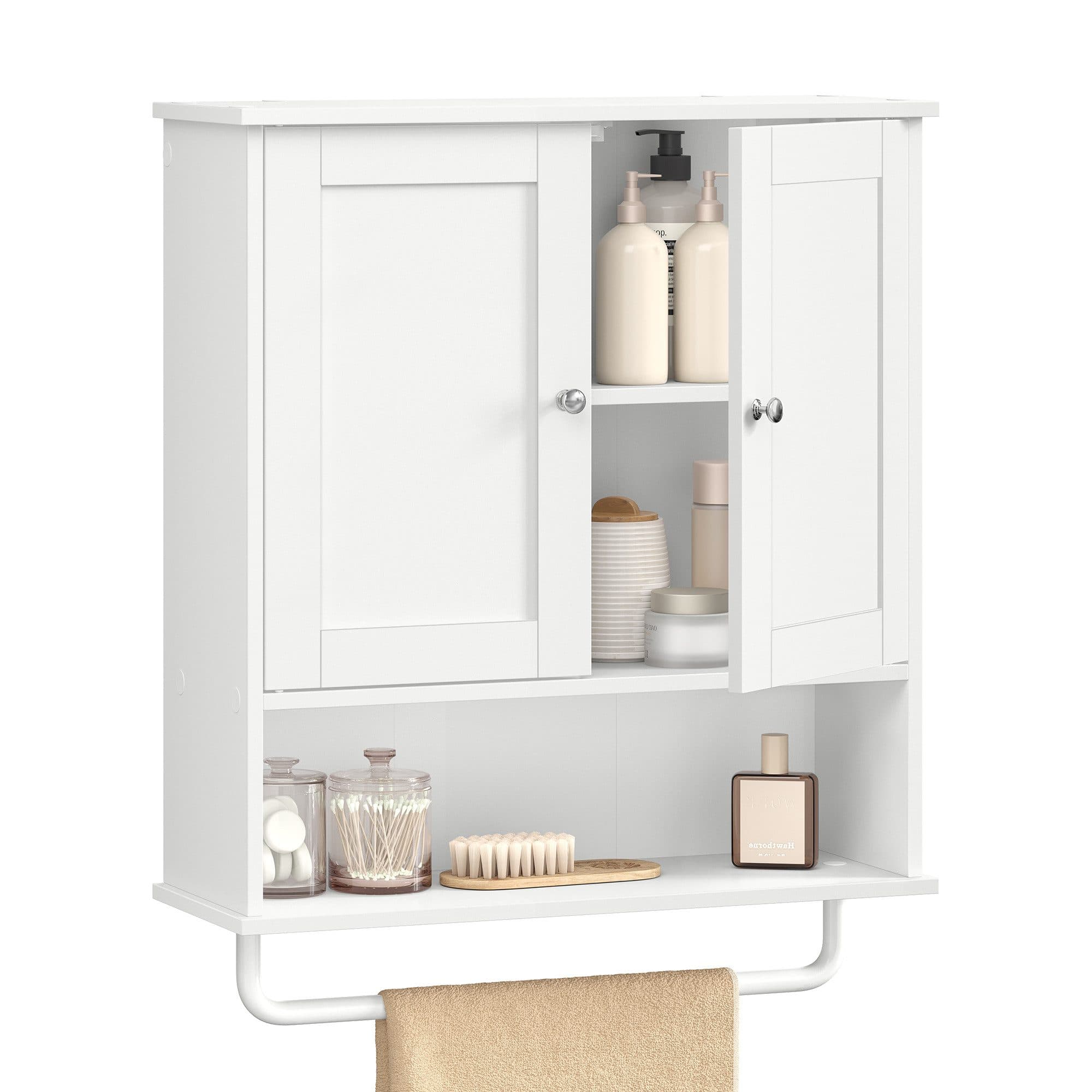 VASAGLE Hängeschrank Wandschrank mit Türen, Handtuchhalter und offenem Fach Weiß - Bild 2