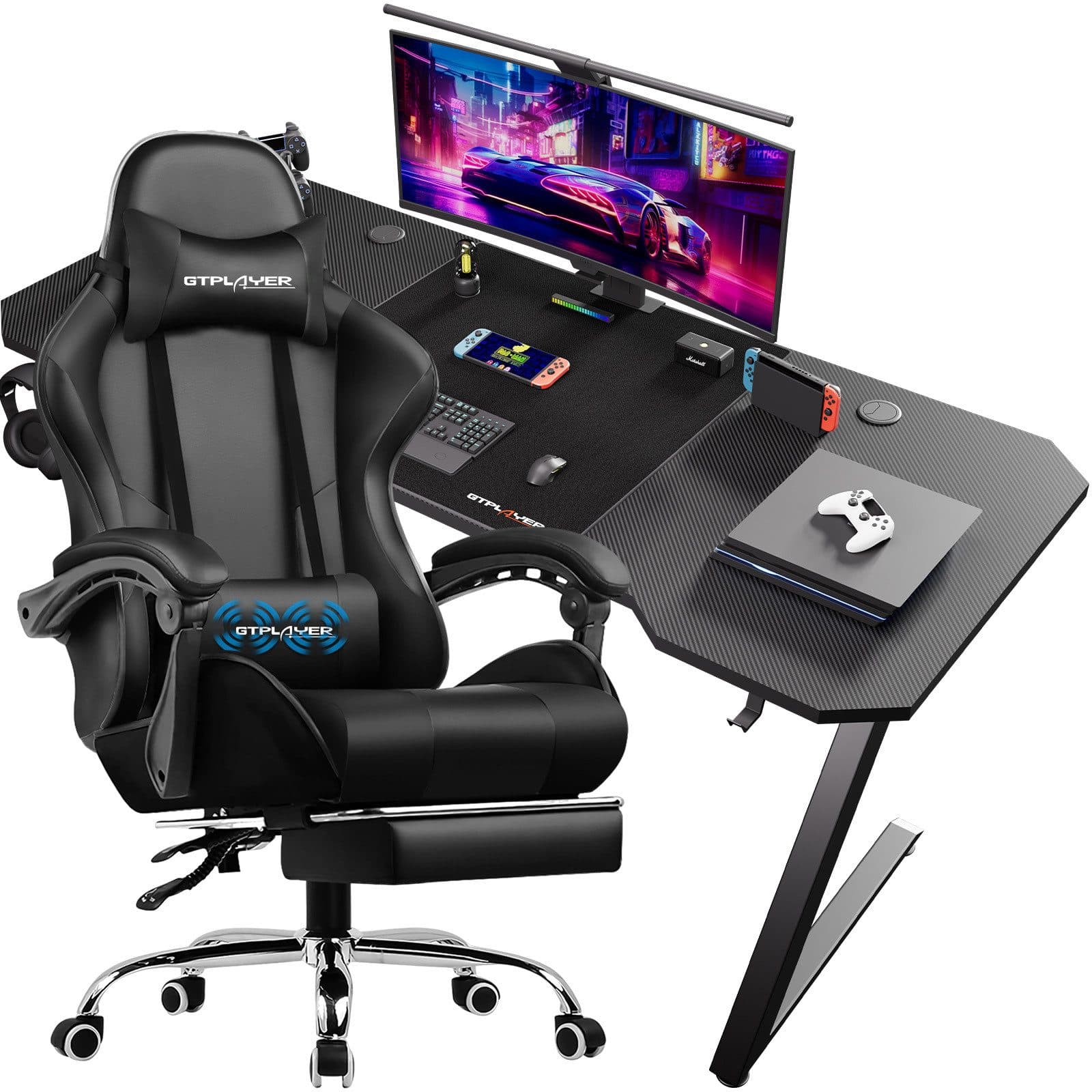 GTPLAYER Gaming-Stuhl mit Massagefunktion, Fußstütze & Kopfstütze