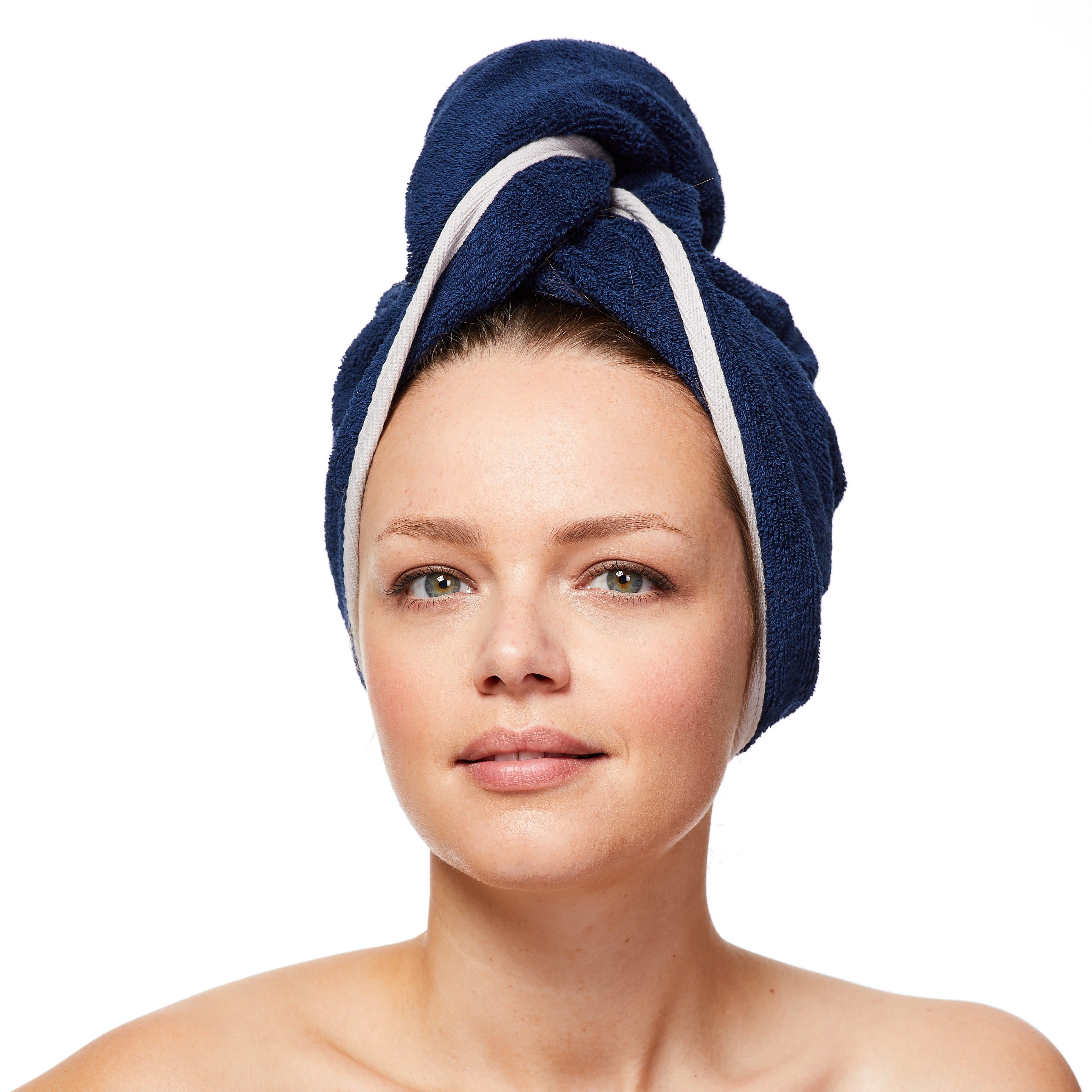 Sowel Turban-Handtuch 100% Bio-Baumwolle Navy/Grau mit Knopf - Bild 2