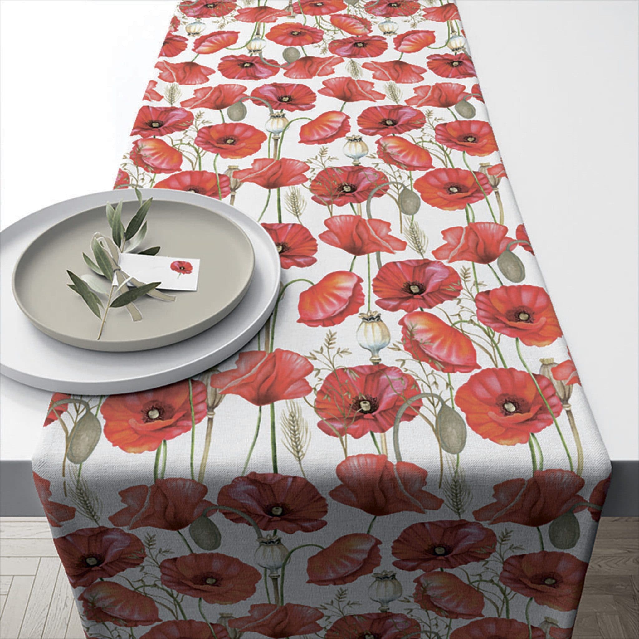 Ambiente Tischläufer Baumwolle 40x150cm Mohnblumen Rot/Weiß