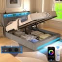 oyajia Polsterbett Doppelbett mit LED Licht 140x200cm, Hydraulisch anhebbarer Stauraumbett mit Lattenrost und Ladefunktion, Leinenmaterial Polsterbettt, Modernes Jugendbett, Leises Design Bett, Max. Belastbarkeit 350 kg Bild 2