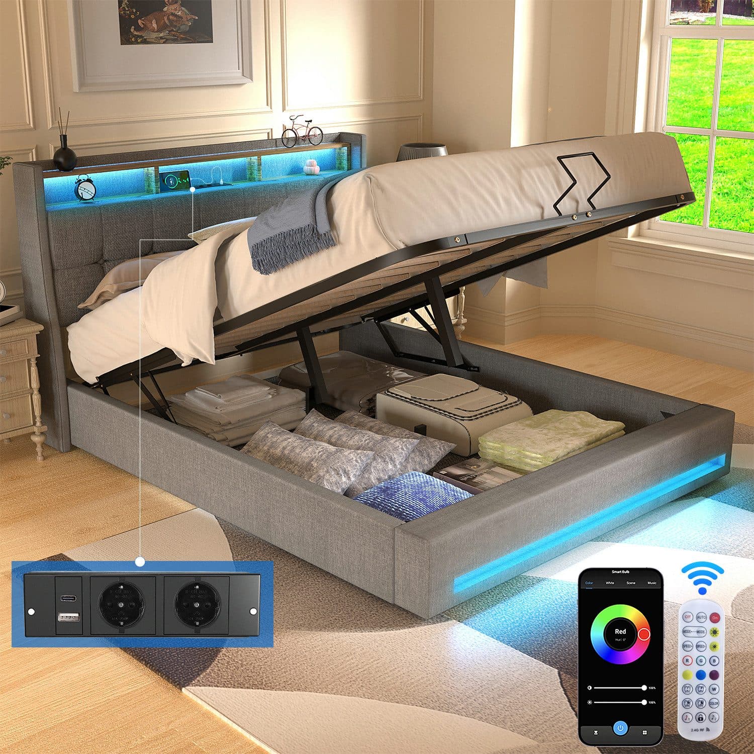 oyajia Polsterbett Doppelbett mit LED Licht 140x200cm, Hydraulisch anhebbarer Stauraumbett mit Lattenrost und Ladefunktion, Leinenmaterial Polsterbettt, Modernes Jugendbett, Leises Design Bett, Max. Belastbarkeit 350 kg - Bild 2