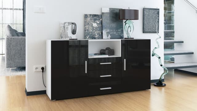 Vladon Sideboard Skadu - Weiß Matt/Schwarz Hochglanz