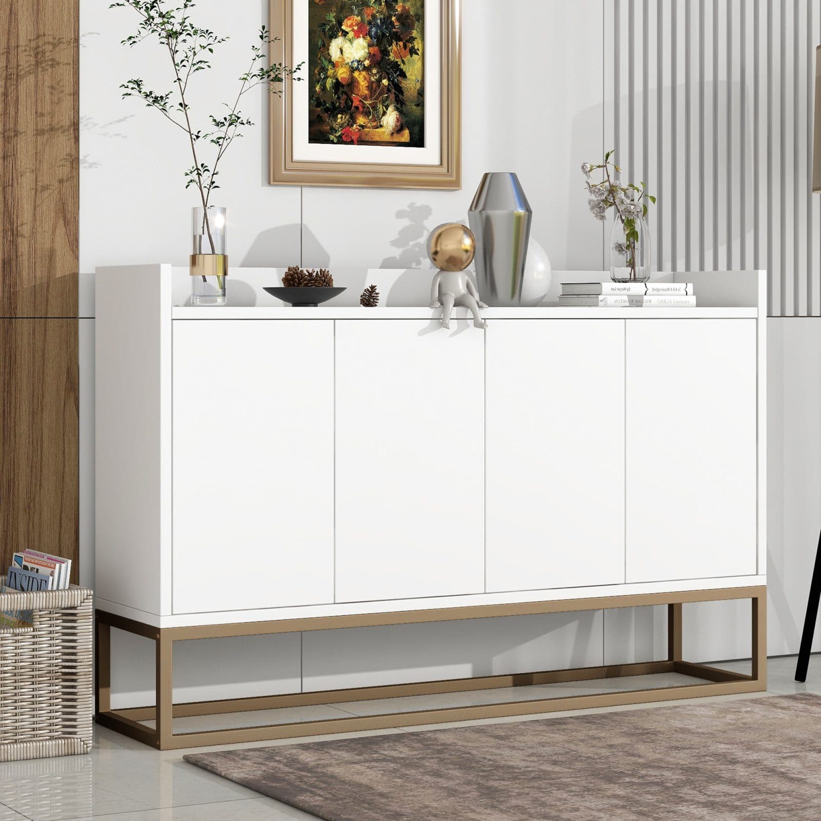 PXloue Sideboard Landhaus 4 Türen Weiß Hochwertiges Sideboard - Bild 2