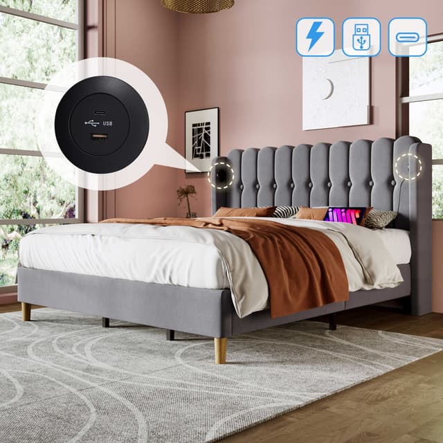 BlingBin Polsterbett Doppelbett mit USB-C Ladefunktion in Grau