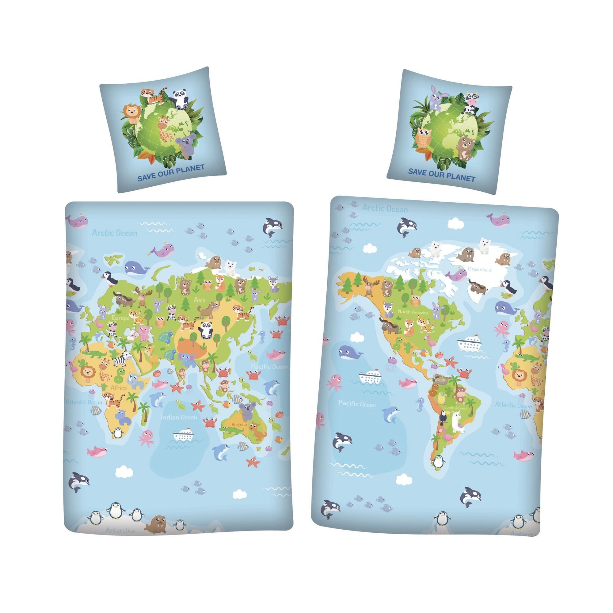 AY!Max Kinderbettwäsche Save our Planet Weltkarte Wendebettwäsche