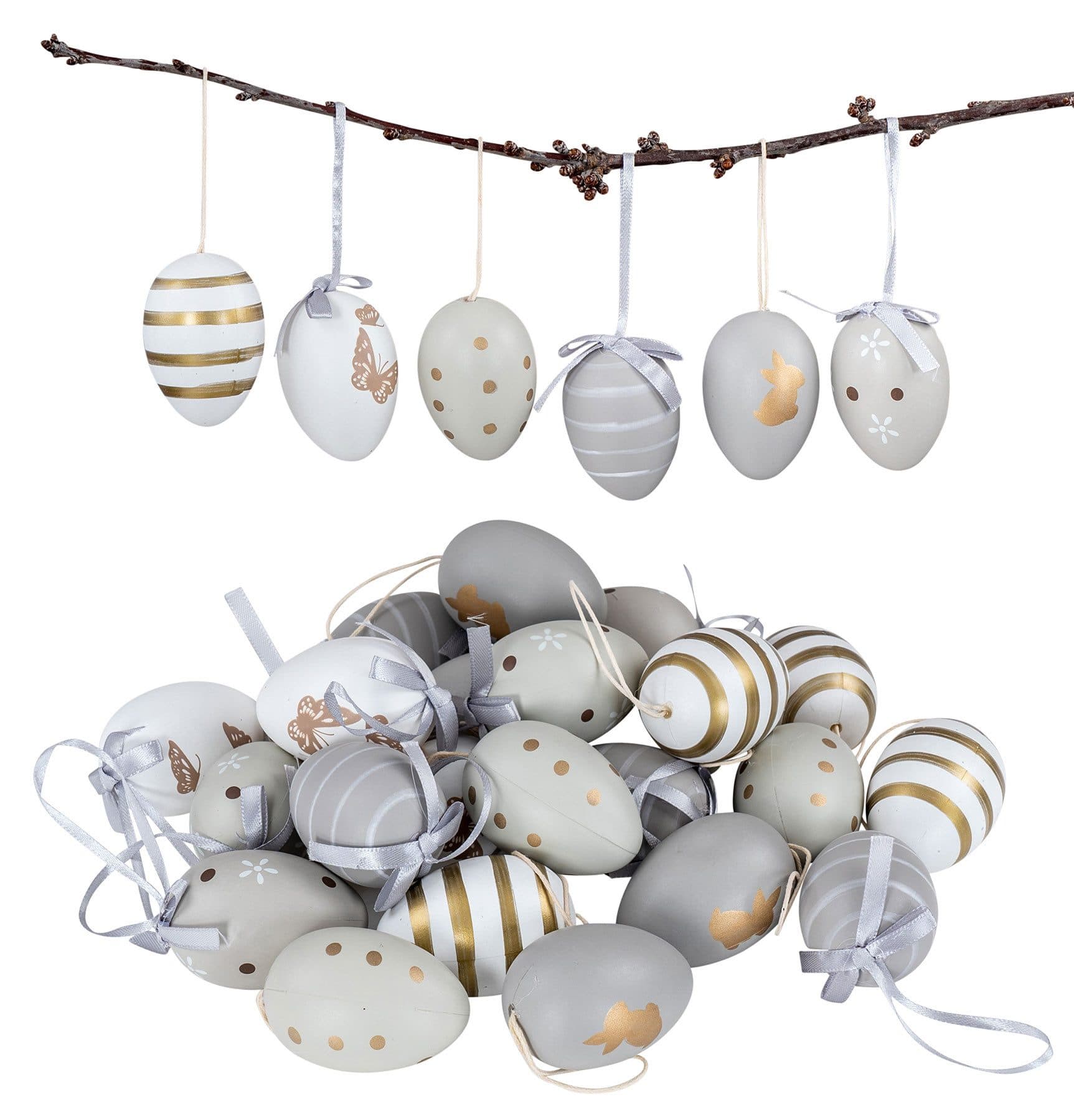 Levandeo® Osterei 24er Set Deko Eier Hängedeko Ostern Grau Gold Muster - Bild 2