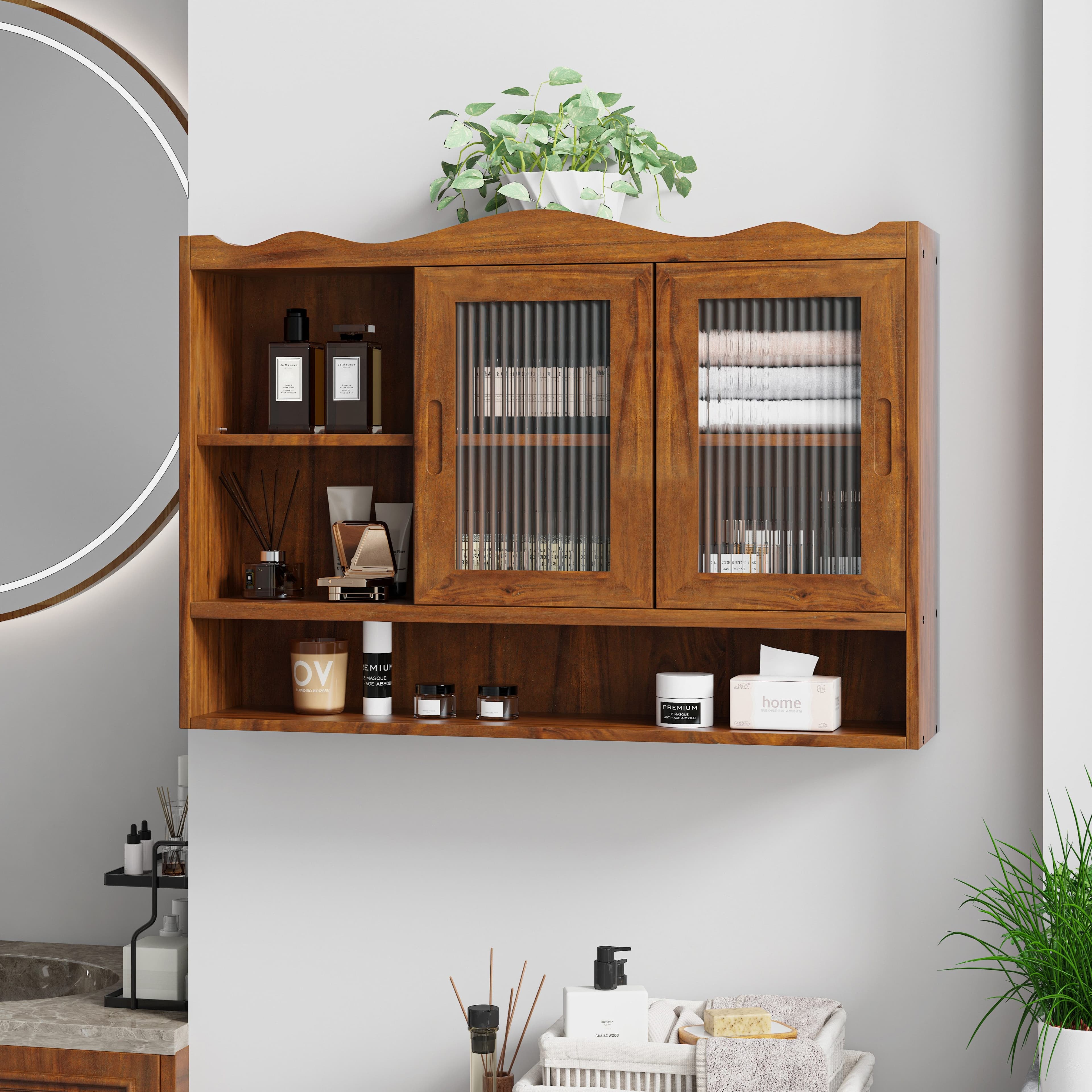 OKWISH Wandhängeschrank Retro 90 cm 2-Türig Schiebeschrank Braun - Bild 2
