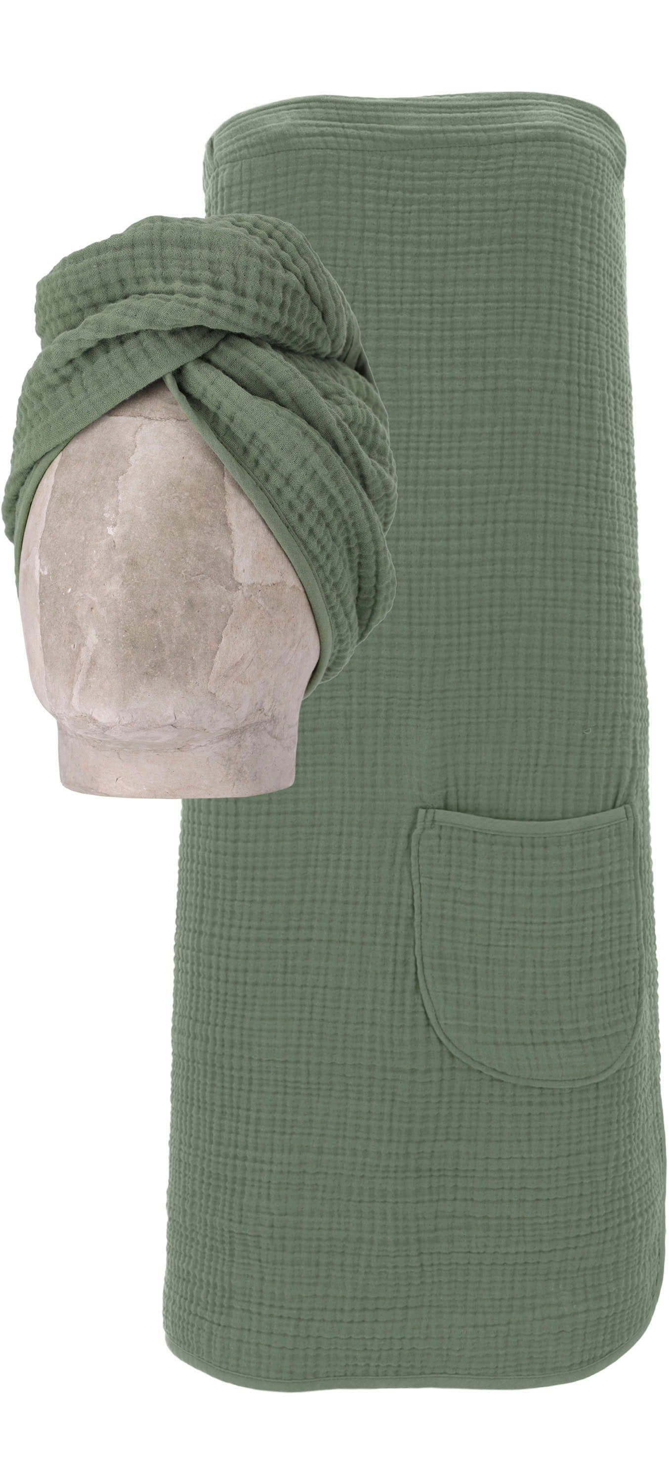 VOSSEN Wellness Set Spa Dress + Turban Grün 100% Baumwolle