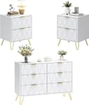 UEV Schlafzimmer-Set 3er-Set Kommode mit 6 Schubladen und 2 Nachttische Modern Linienmuster Skandinavisch Goldene Griffe Bild 2