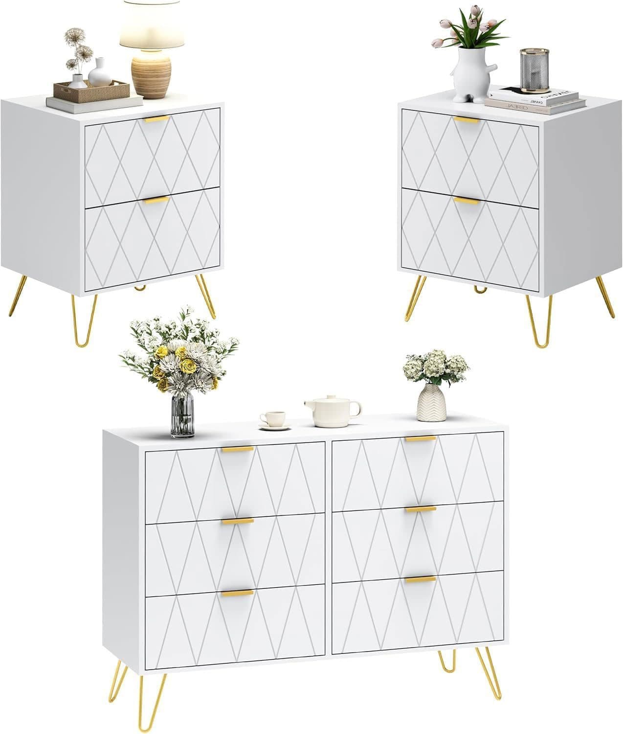 UEV Schlafzimmer-Set 3er-Set Kommode mit 6 Schubladen und 2 Nachttische Modern Linienmuster Skandinavisch Goldene Griffe - Bild 2