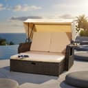 Melko Strandkorb Rattan mit Dach und Fußbank Braun/Beige Bild 2
