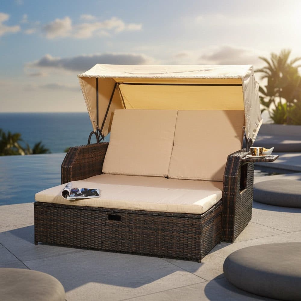 Melko Strandkorb Rattan mit Dach und Fußbank Braun/Beige - Bild 2