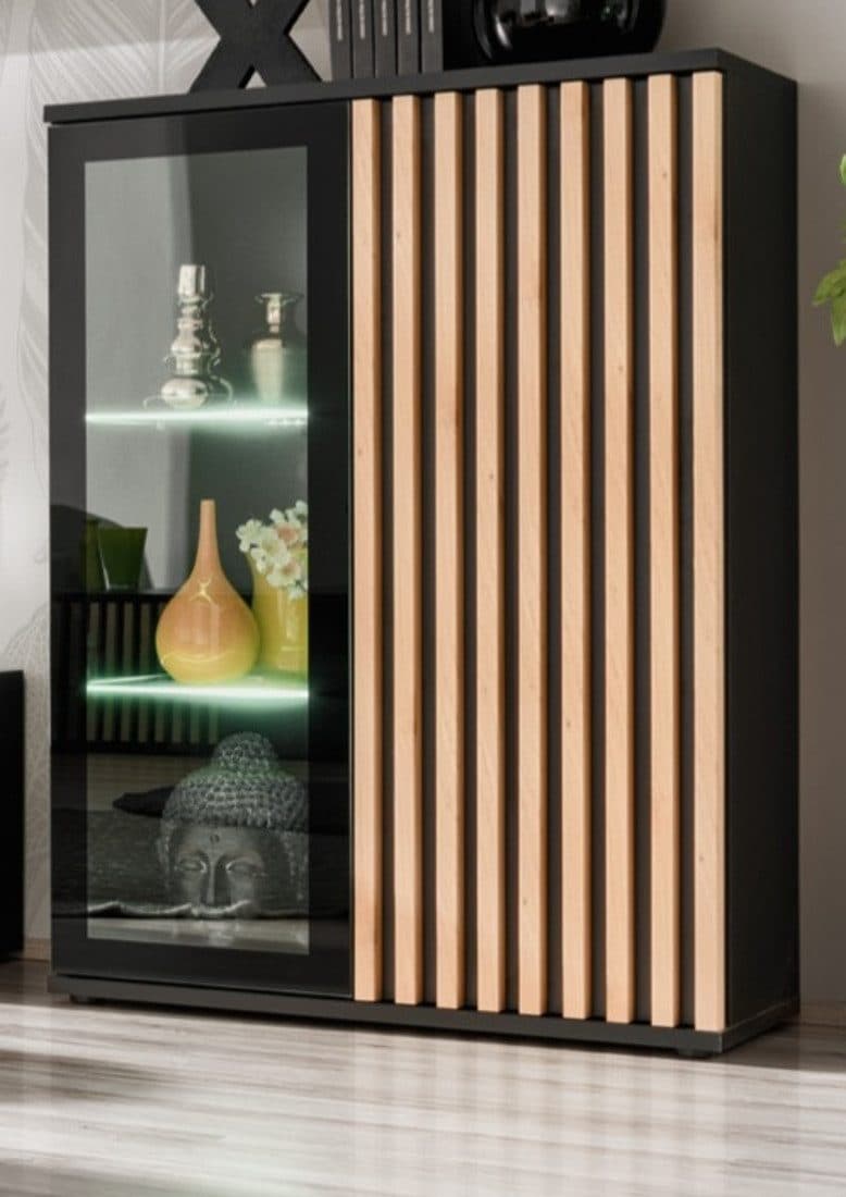 Furn.Design Vitrine Morgan Hohe Kommode in Schwarz mit Eiche Lamellen - Bild 2
