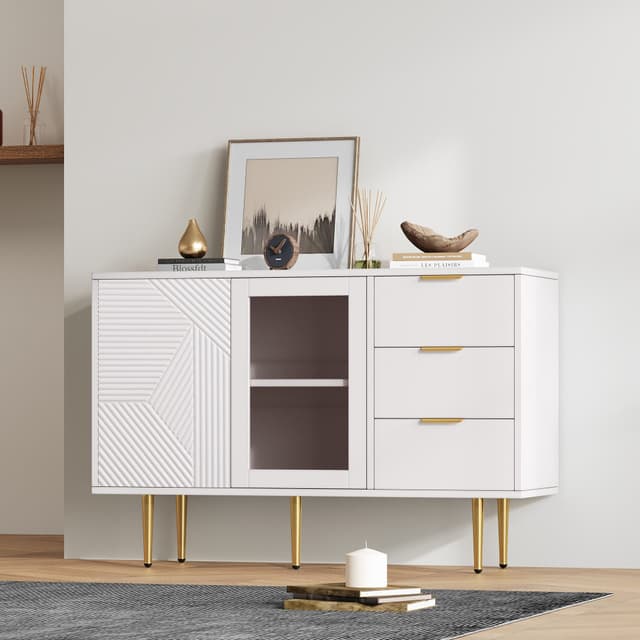 Sideboard mit 3 Schubladen & Glastüren - Weiße Kommode