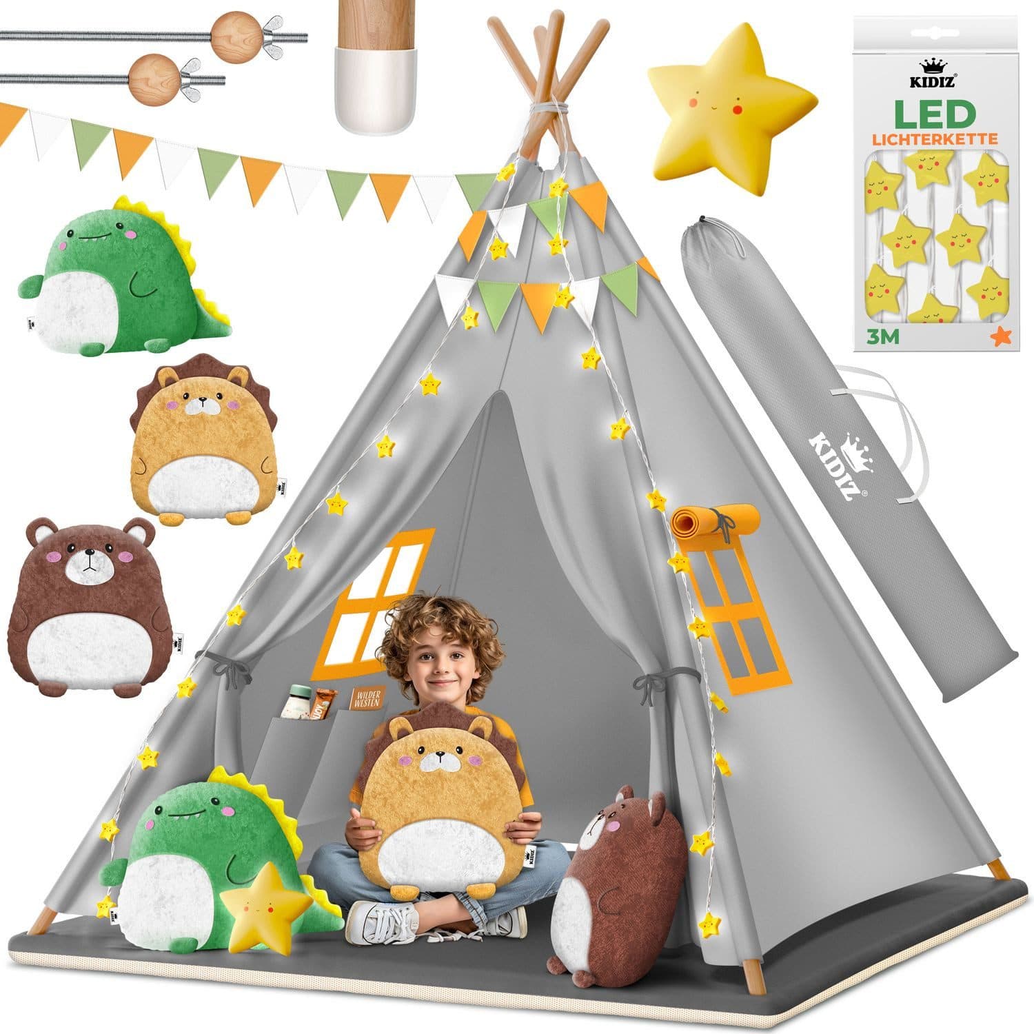 KIDIZ Spielzelt Tipi Grau mit LED-Lichterkette & Plüschtieren - Bild 2