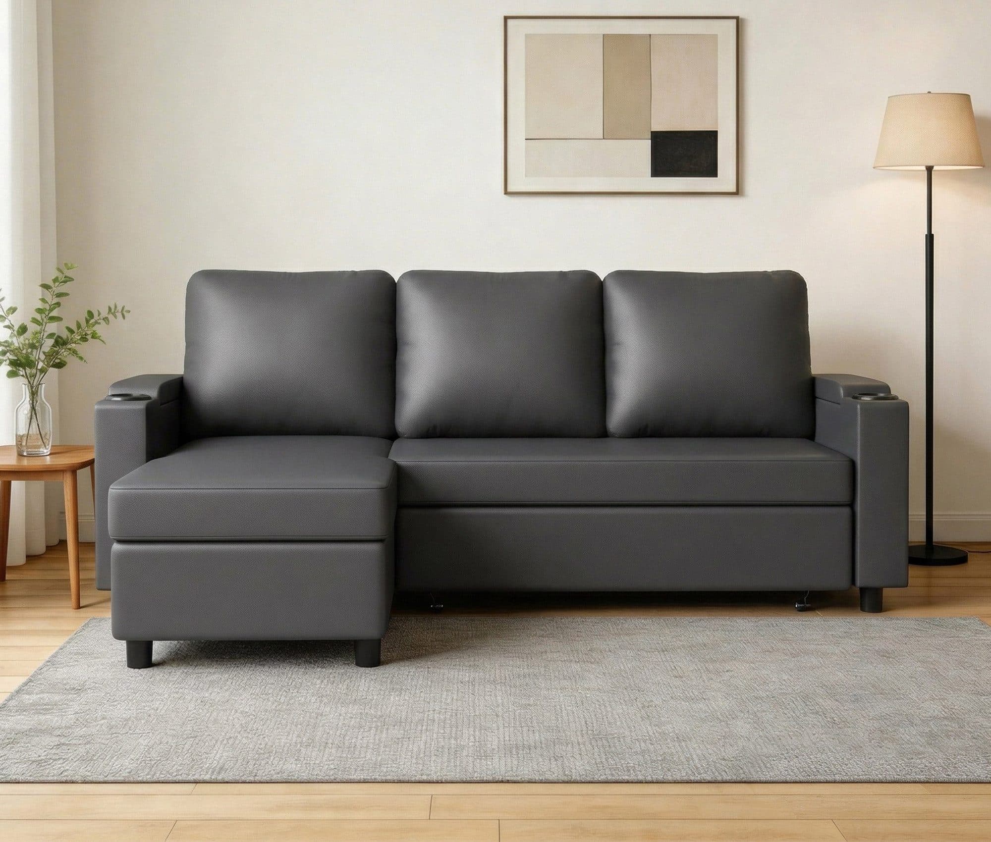 HOMALL Eck-Schlafsofa Schwarz mit Schlaffunktion und Becherhaltern - Bild 2