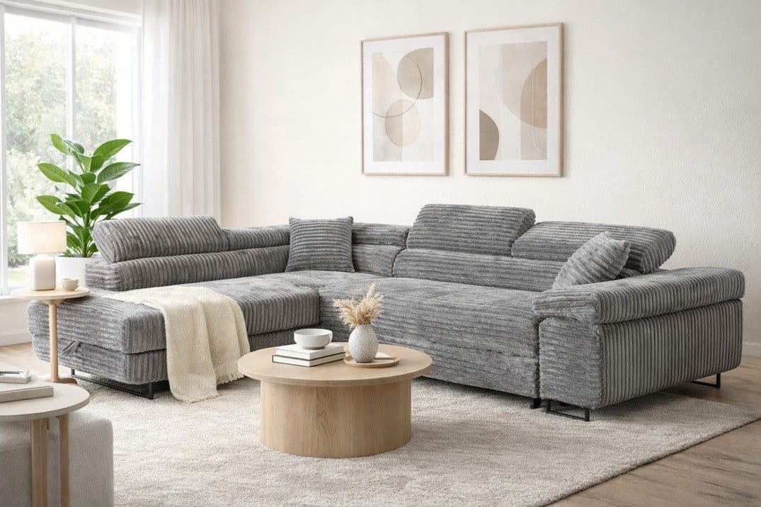 Labett Ecksofa GUSTAVO mit Schlaffunktion & Bettkasten Grau Cord - Bild 2