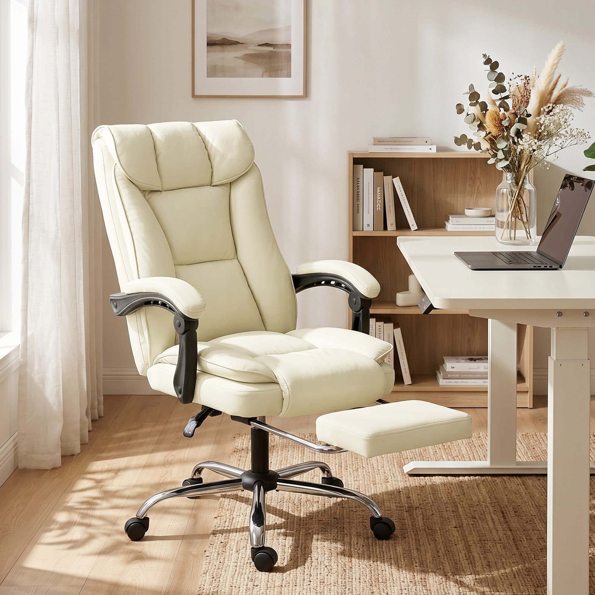 HOMCOM Schreibtischstuhl mit Fußstütze, Kunstleder-Bezug, rollbar, drehbar, Beige - Bild 2