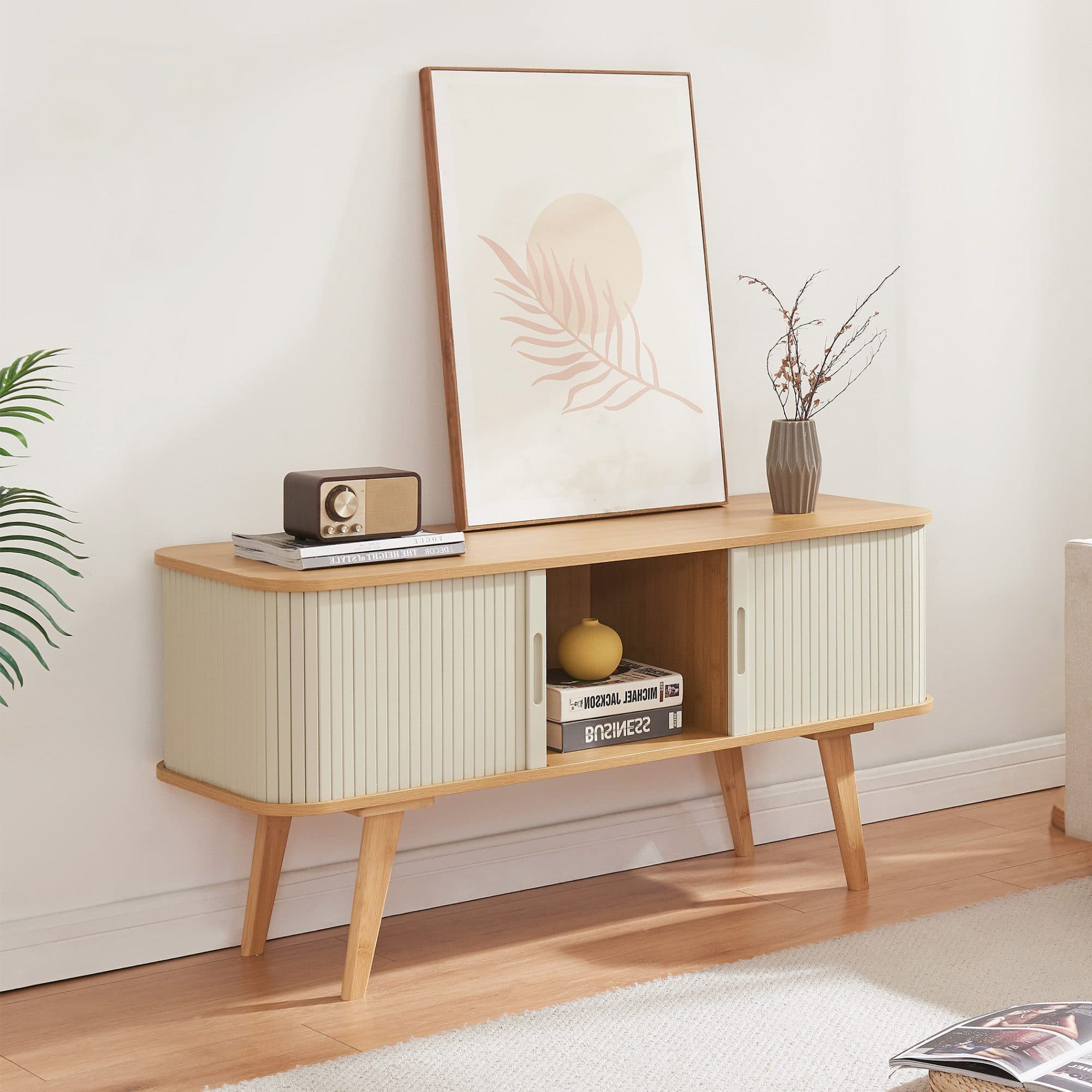 en.casa TV-Schrank Tysvær 2 Schiebetüren Bambus/Cremeweiß - Bild 2