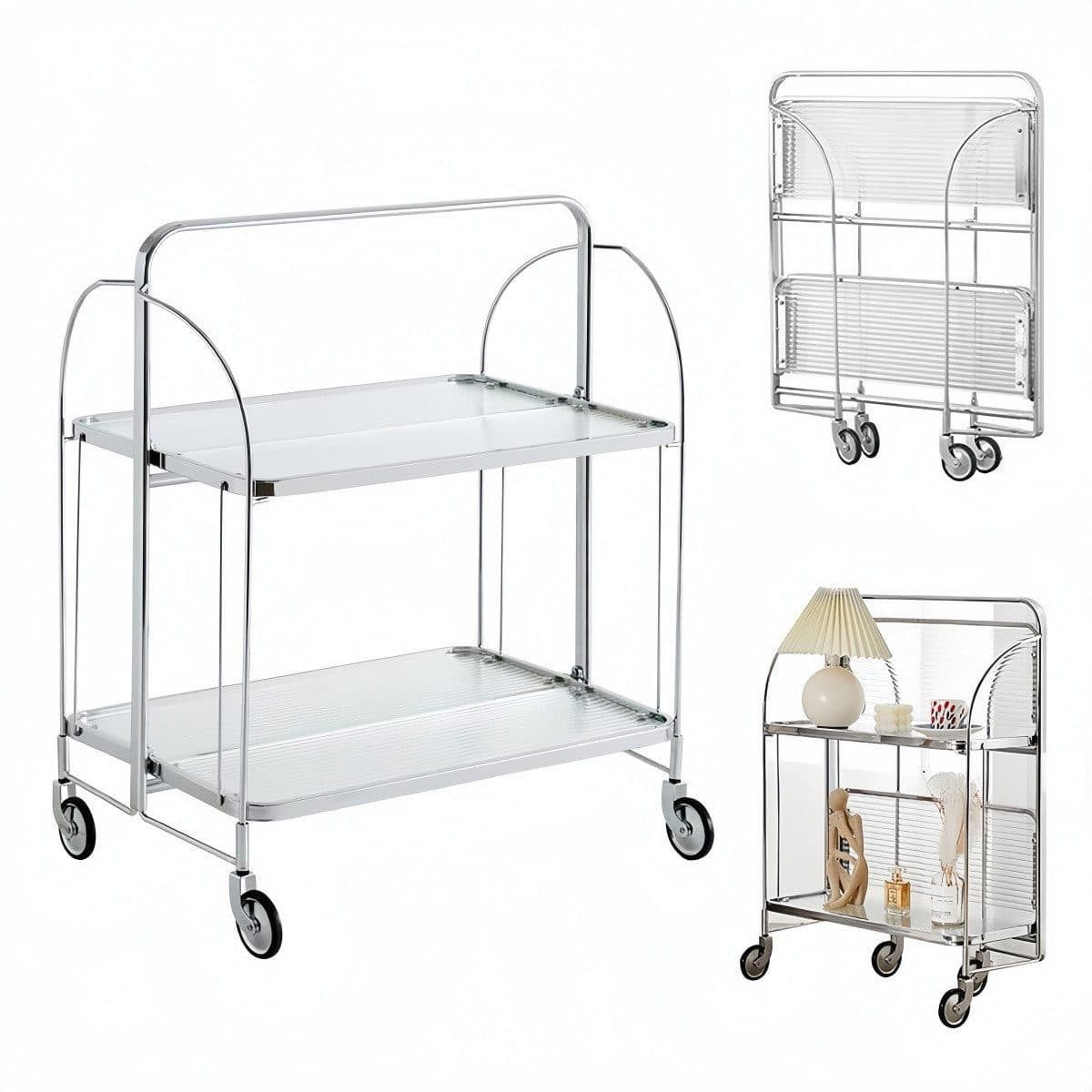 PFCTART Beistellwagen Mobile Storage Folding Trolley, Servierwagen, zusammenklappbar, 2 Ebenen gehärtetes Glas - Bild 2
