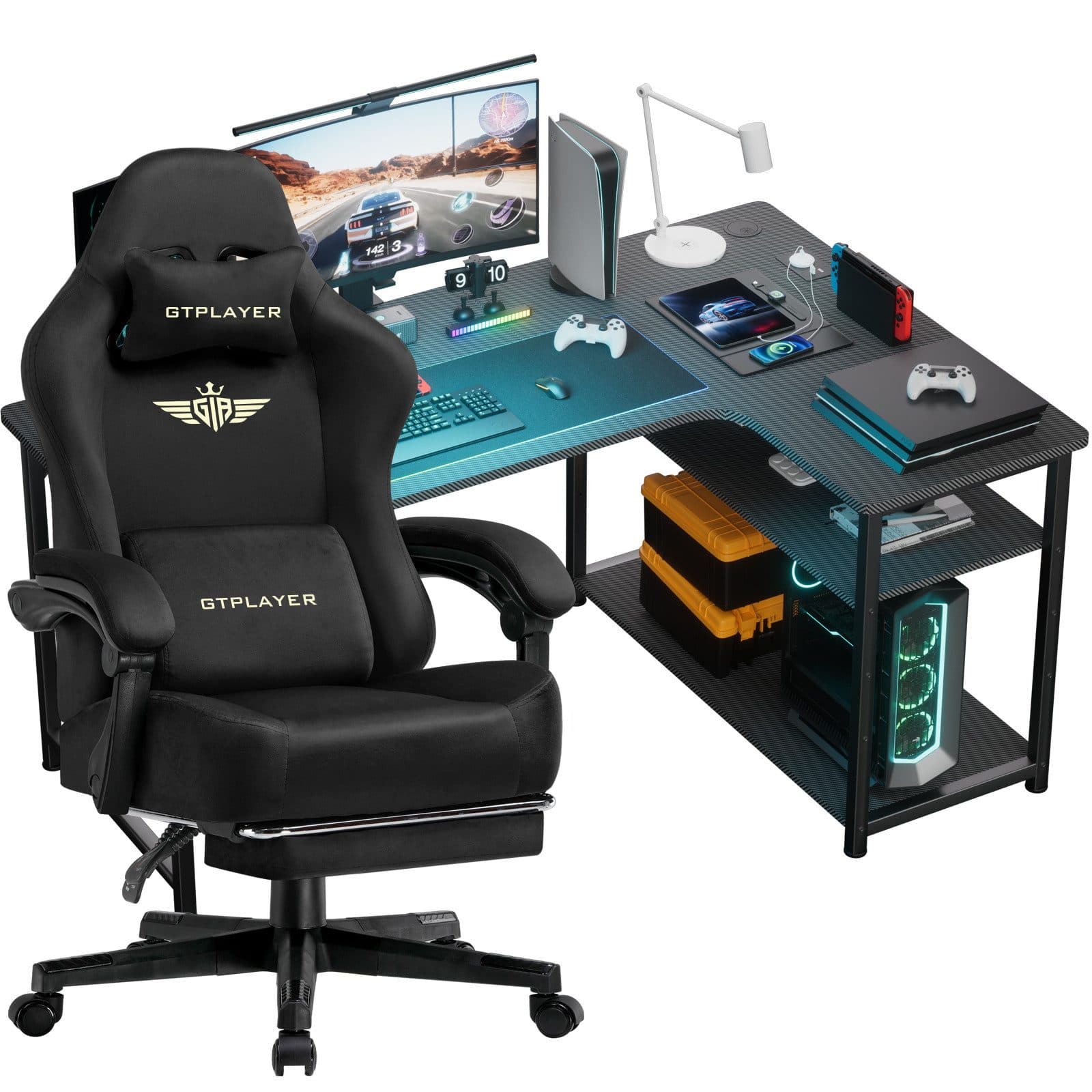 GTPLAYER Gamingtisch + Gamingstuhl Set - Schwarz, Multifunktionell