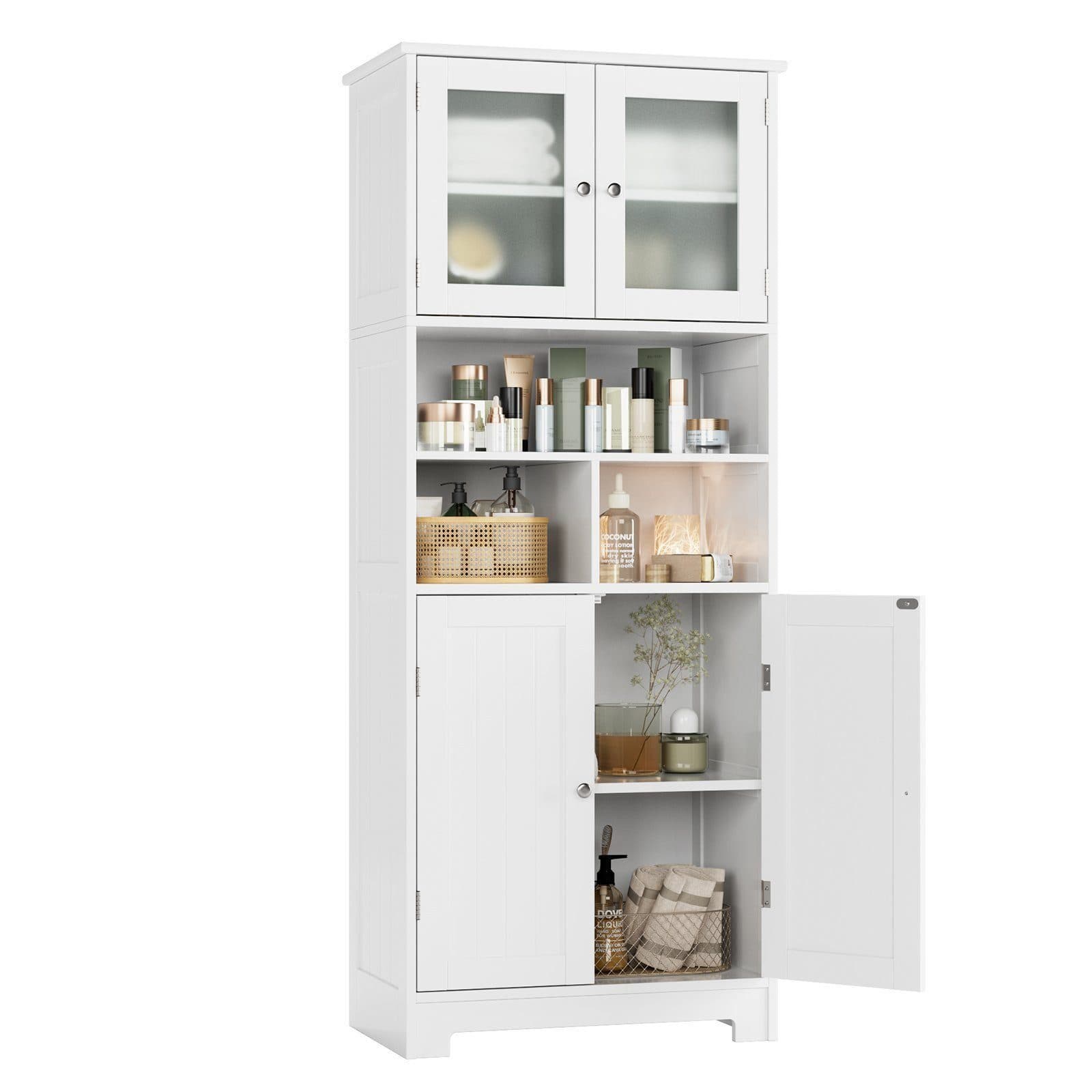 HOMECHO Hochschrank Badezimmerschrank Badschrank 3 Fächer 4 Türen Weiß - Bild 2
