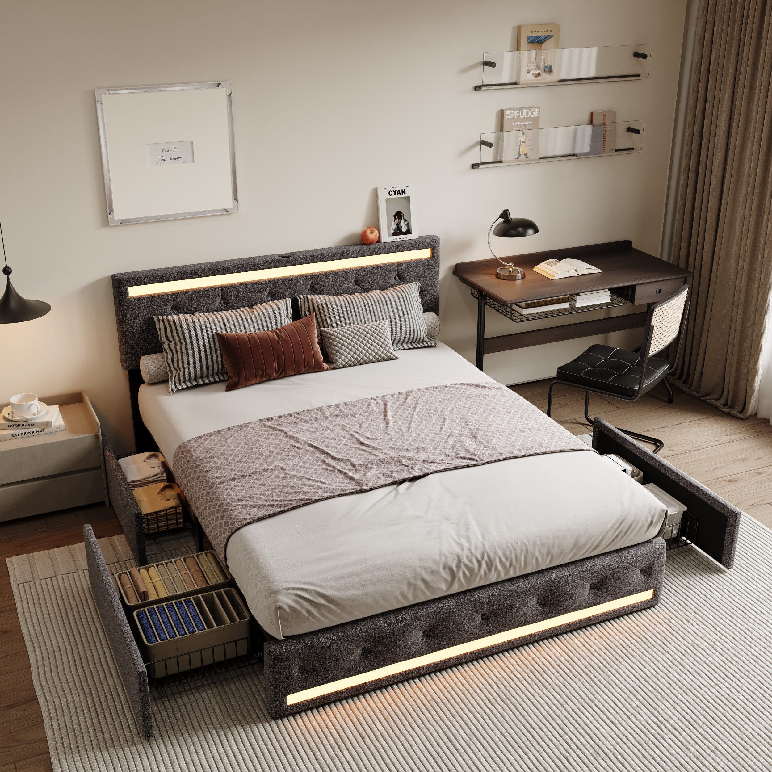 Furnishings Home Polsterbett Stauraumbett Doppelbett mit LED-Beleuchtung, USB & Type-C, Leinen, 160x200 cm - Bild 2
