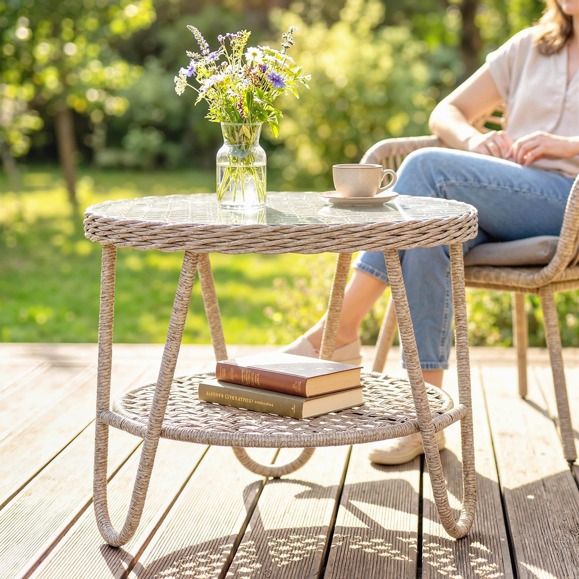 Outsunny Beistelltisch Gelb mit Glasplatte und Rattan-Optik - Bild 2
