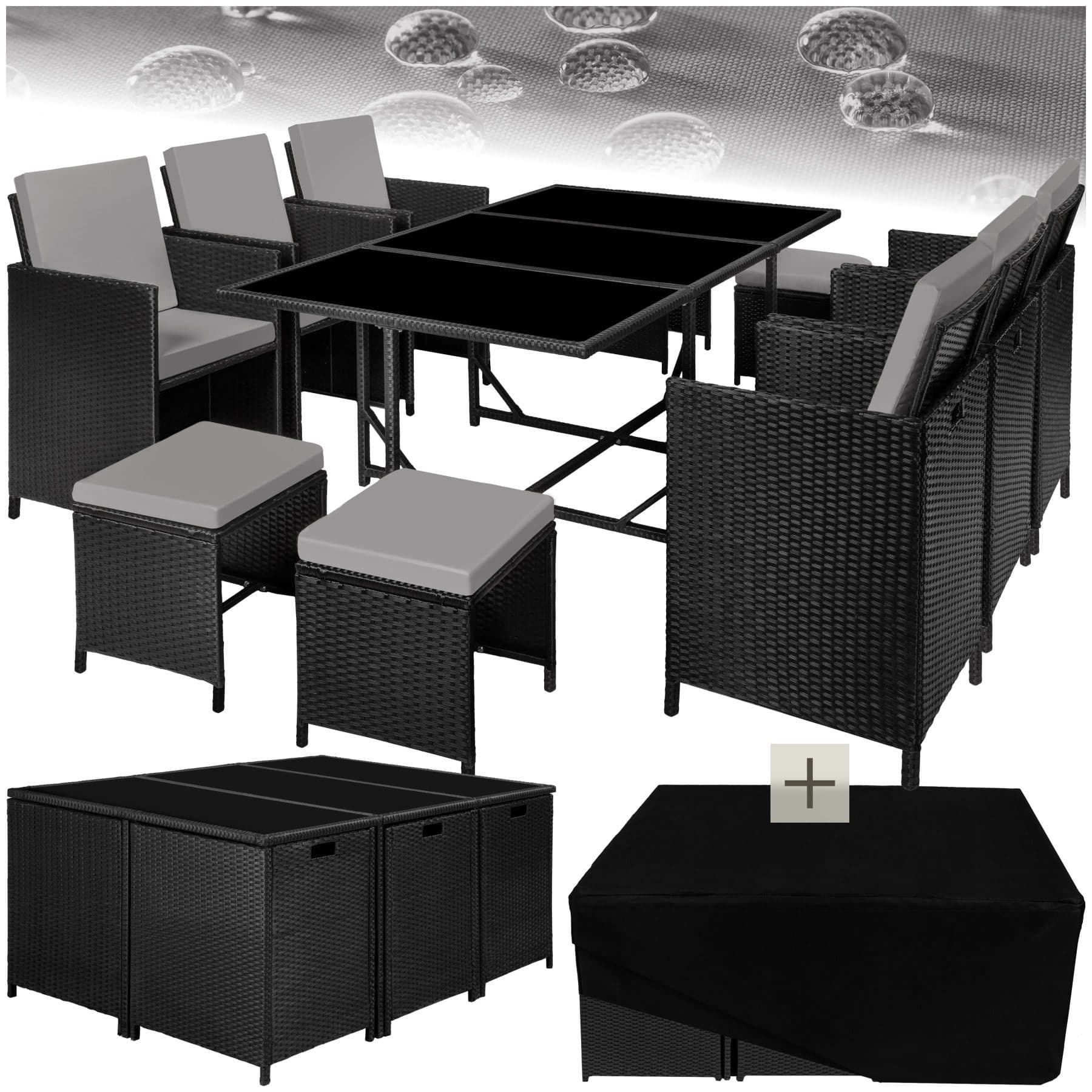tectake Sitzgruppe Malaga 12-tlg. Schwarz/Grau Polyrattan mit Kissen - Bild 2
