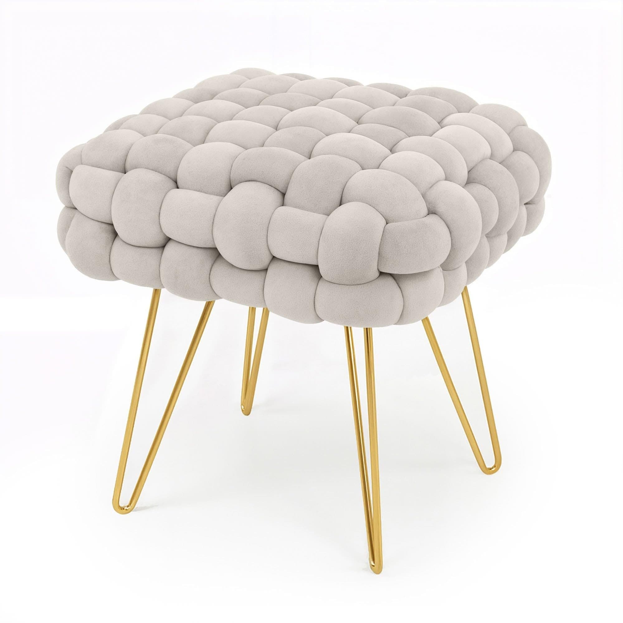 Milord FURNITURE Sitzhocker Samt Geflochten Beige Gold - Bild 2