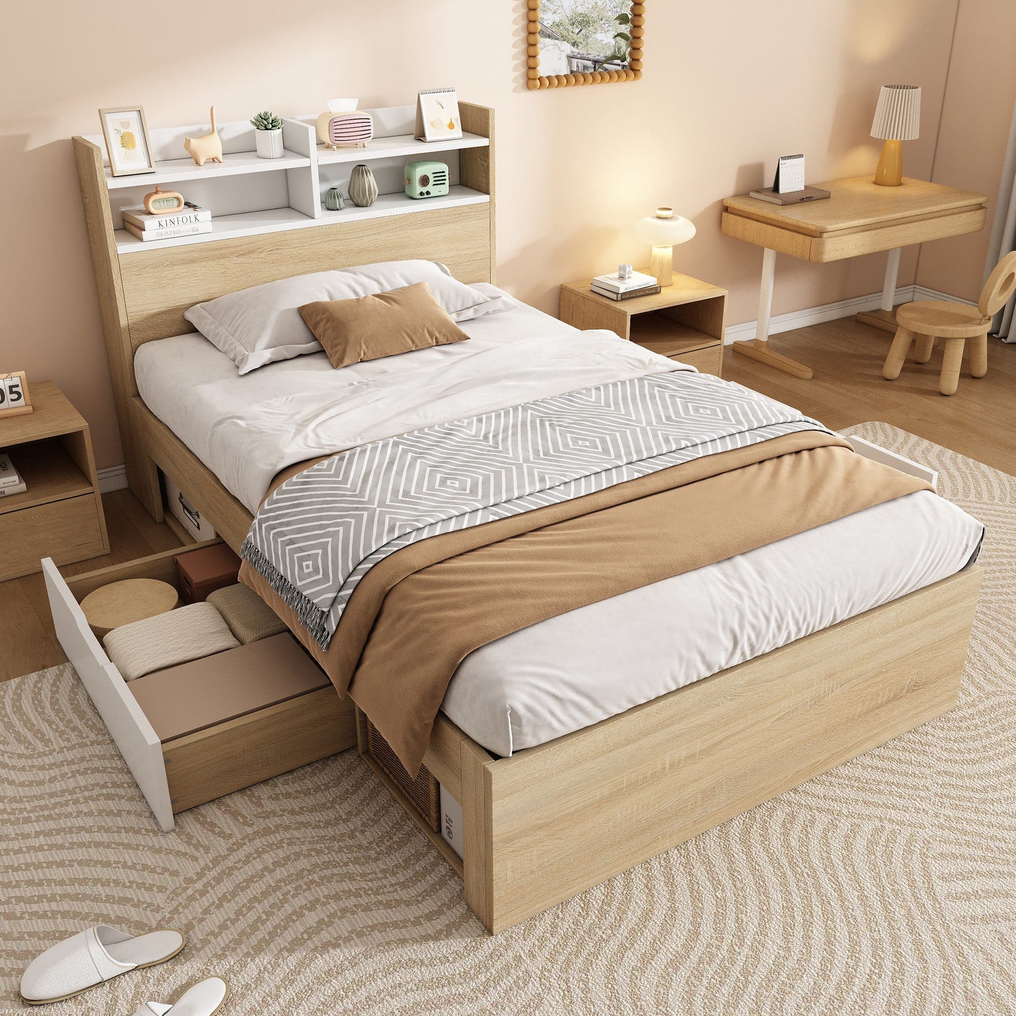 KLAM HOME Einzelbett 90x200 Weiß Eiche Massivholz Stauraum - Bild 2