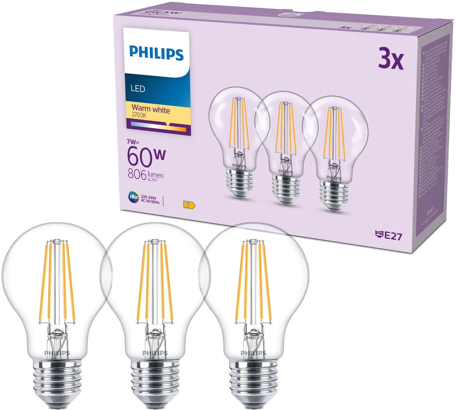 Philips LED-Leuchtmittel Classic 60W Non-Dim E27 Warmweiß 3er-Packung - Bild 2