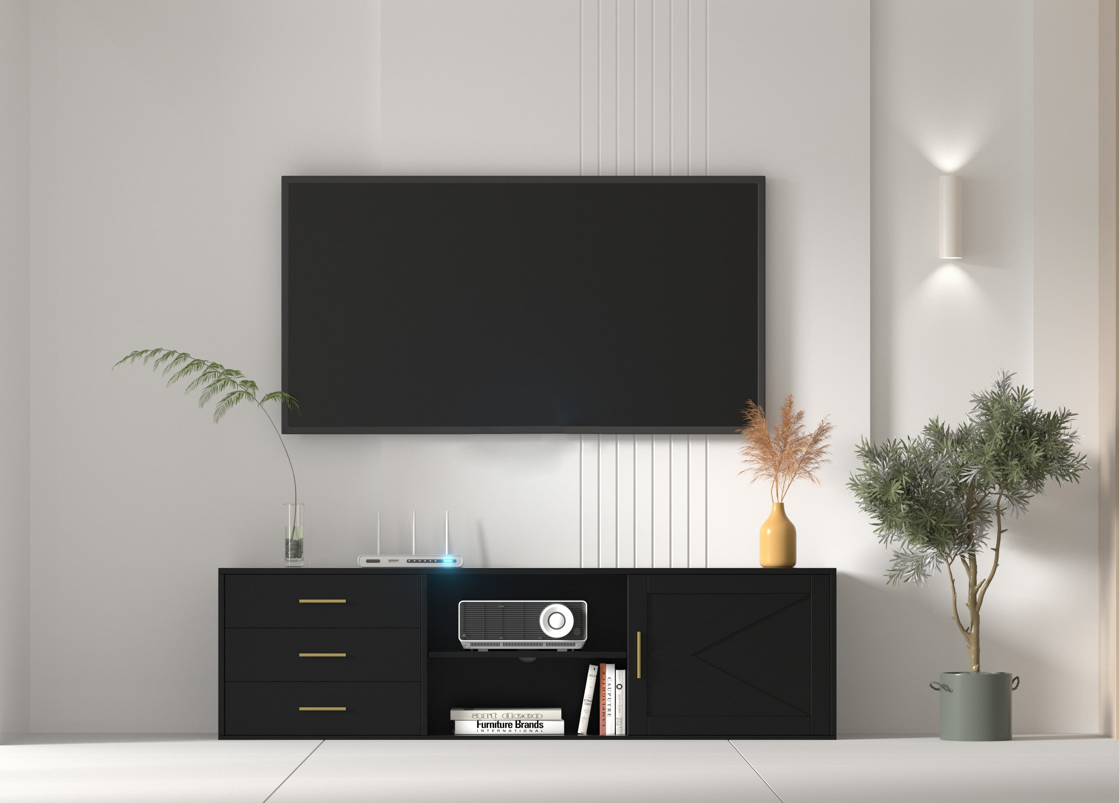 HOMAVO Lowboard TVG1-S Schwarz mit 3 Schubladen & Schiebetür