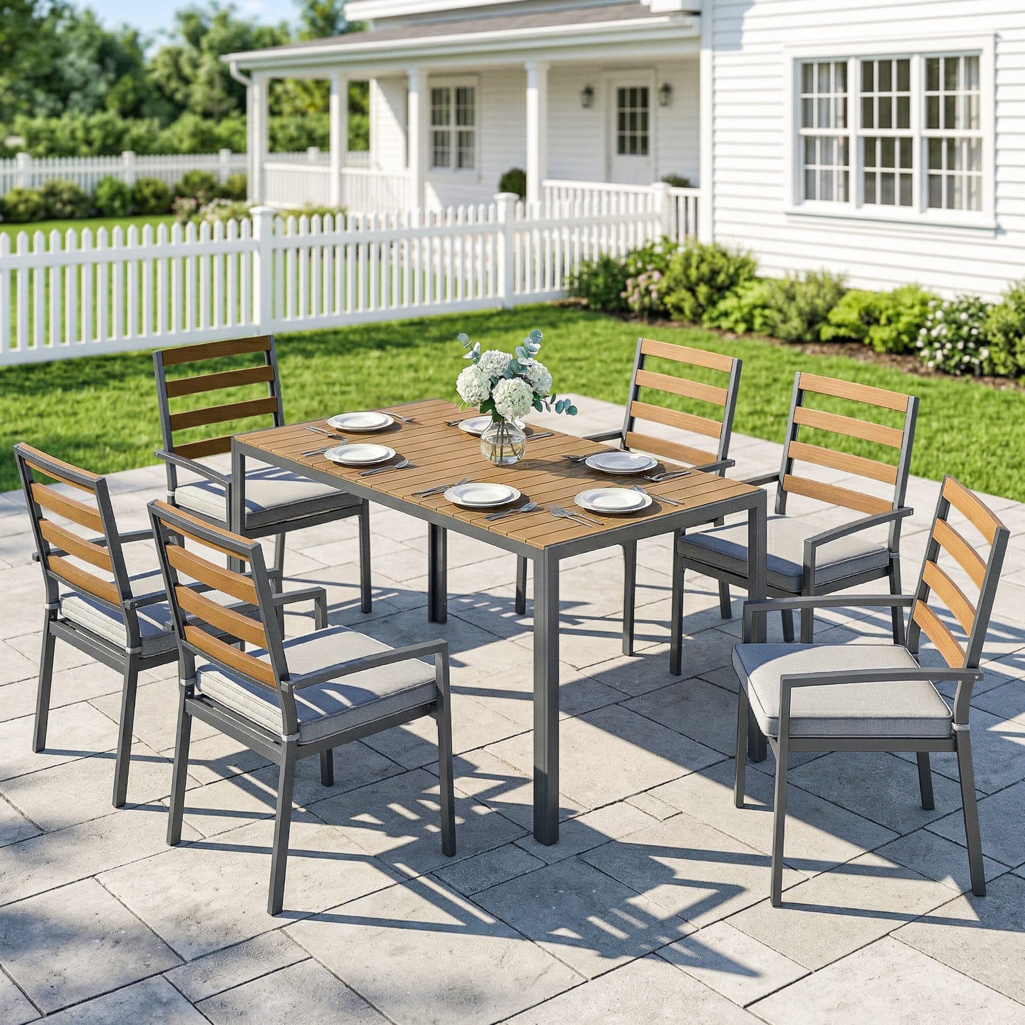 Outsunny Garten-Essgruppe 7-tlg. mit Tisch, 6 Stühlen & Kissen Grau/Natur - Bild 2
