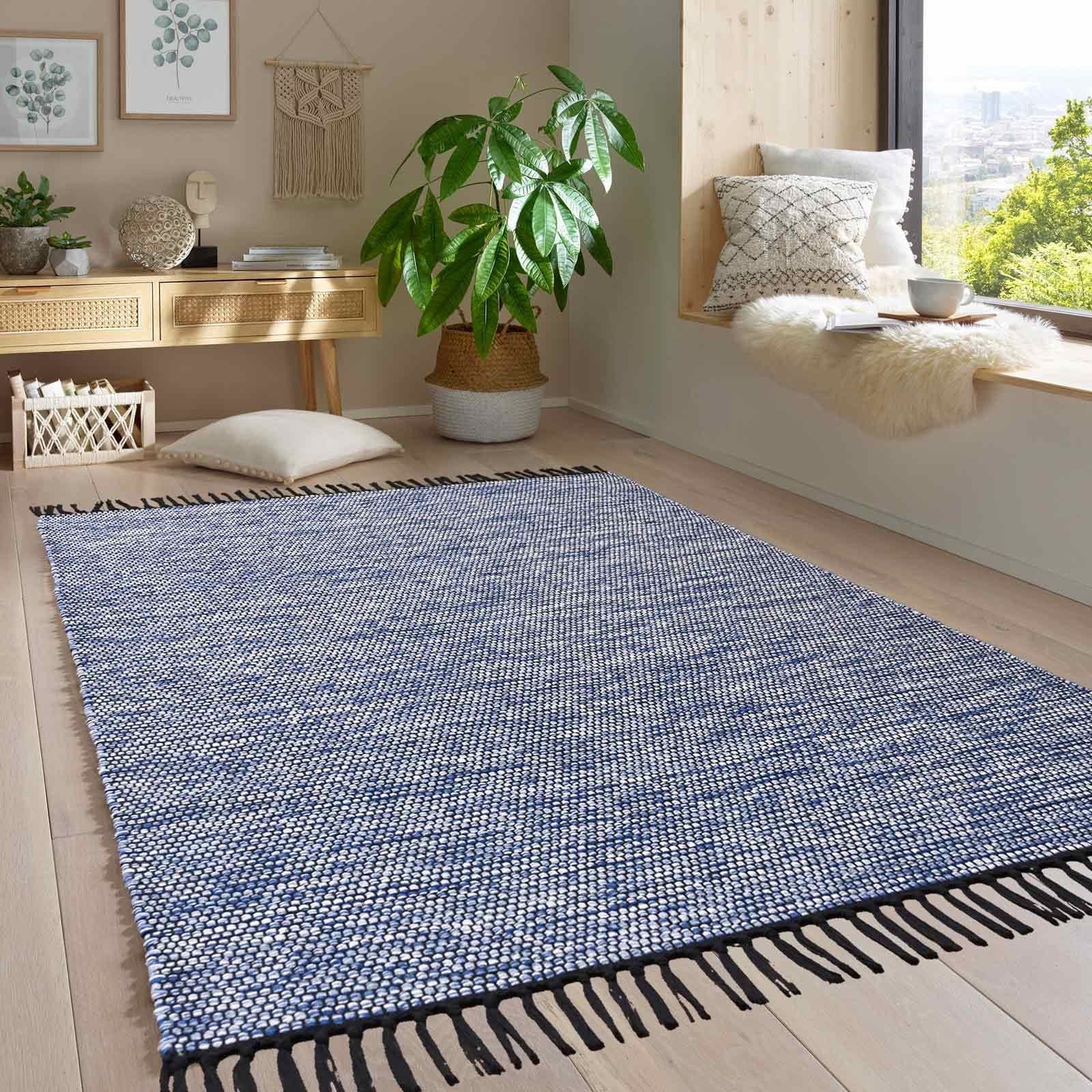TaraCarpet Borkum Baumwollteppich Blau Modern Handgewebt - Bild 2