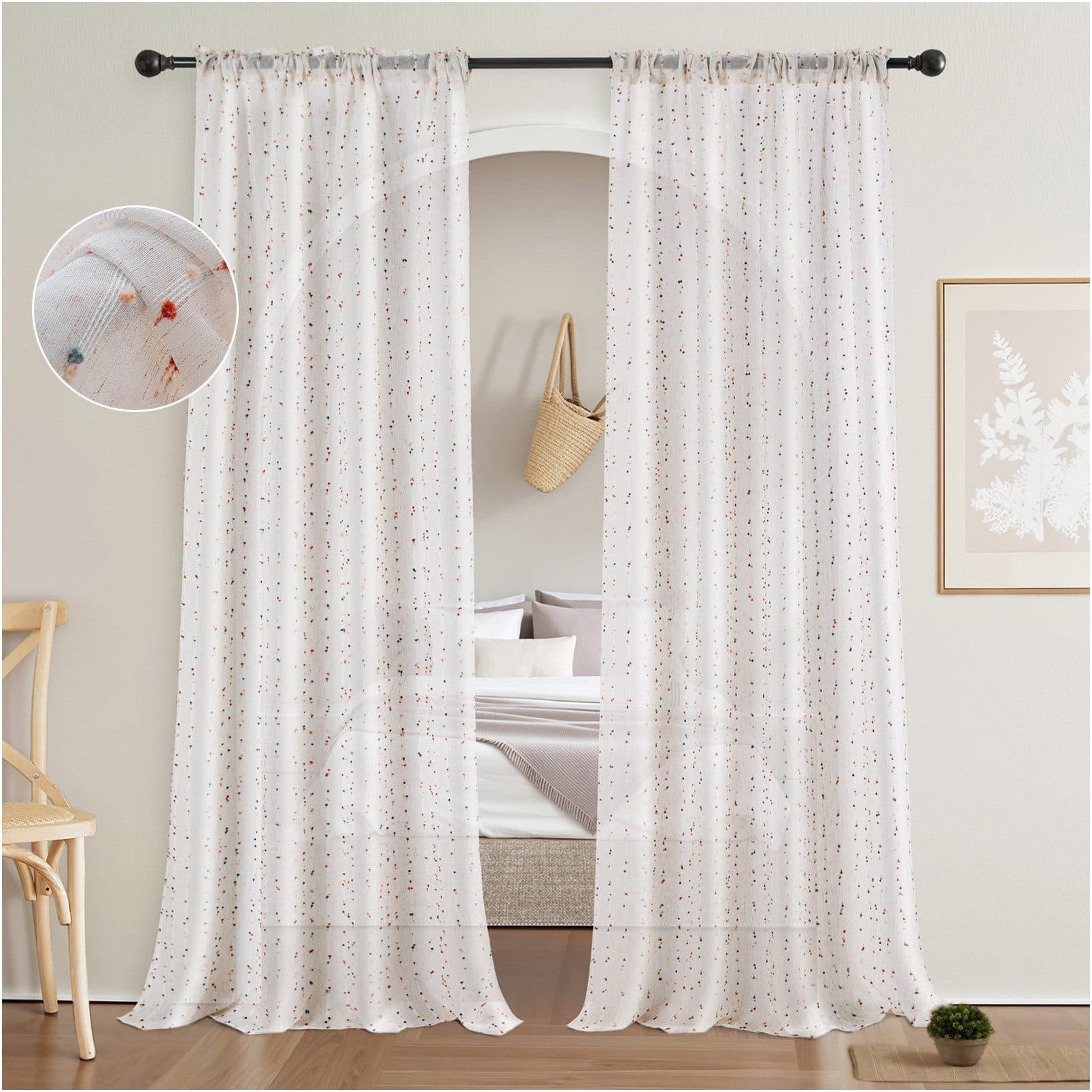 Jibenhome Gardine 2er Set Voile Vorhänge mit Mehrfarbig Pompom - Bild 2