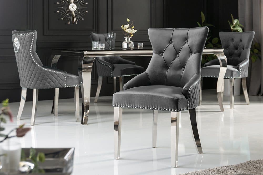 riess-ambiente Polsterstuhl CASTLE DELUXE Grau/Silber Samt Löwenkopf - Bild 2