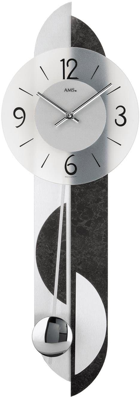 AMS Pendelwanduhr W7299 Quarzuhr Holz Aluminium Schiefer Schwarz Silber